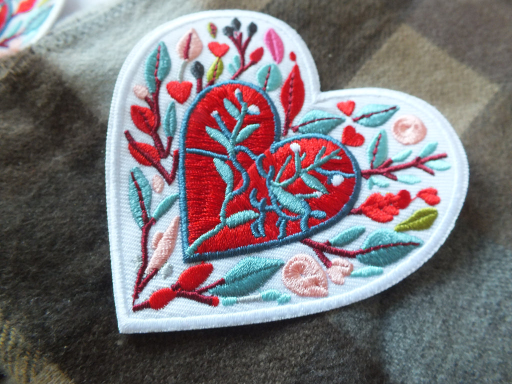 Love Heart Patch Embroidered Red Heart with Colorful Leaves Iron On or Hook Loop Cute Heart Patch Embroidered Anatomical Heart Jacket Badge