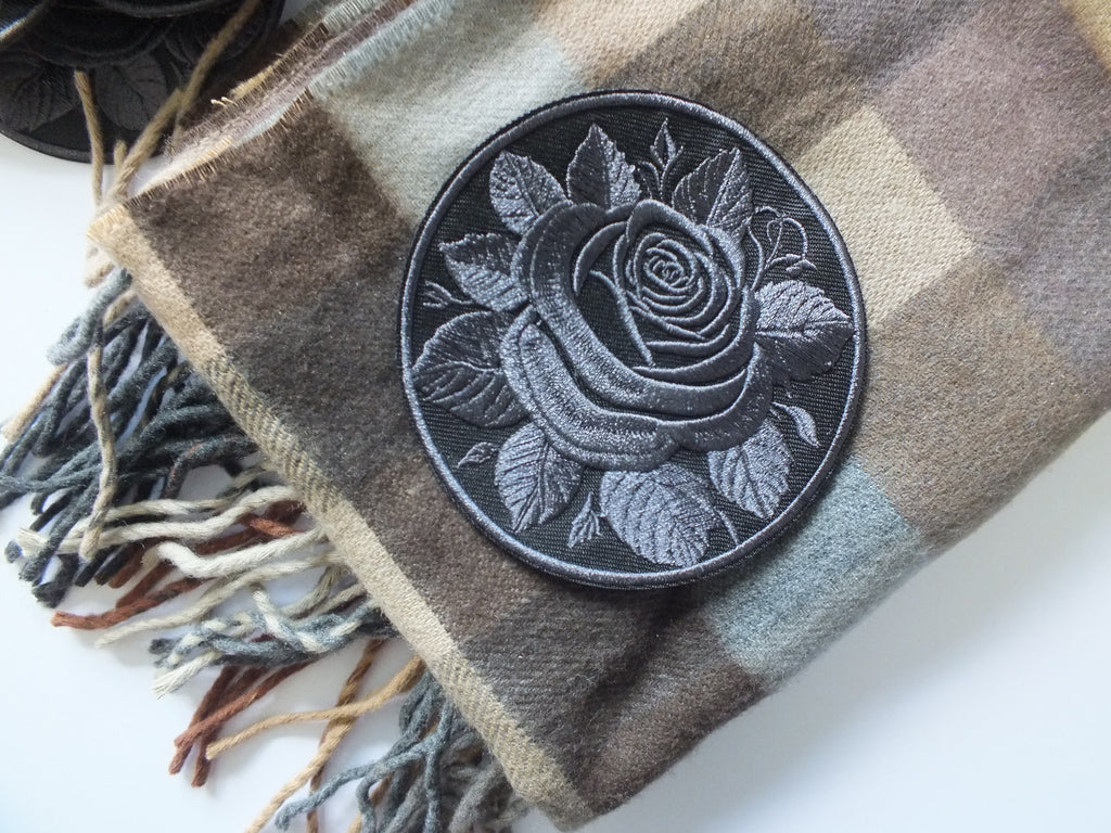 Black Rose Embroidered Patch Gothic Iron On Sew On Dark Flower Jacket DIY Punk Alternative Clothing Accessory Gift Floral Embroidery