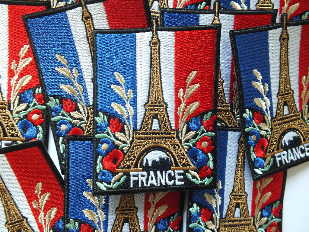Eiffel Tower Iron On Patch Large Flag of France Embroidered Handmade Patch Colorful Sew On Travel Patch for Jacket Poppy Flower Patch Paris