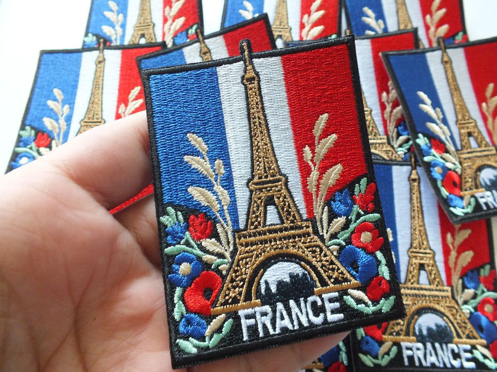 Eiffel Tower Iron On Patch Large Flag of France Embroidered Handmade Patch Colorful Sew On Travel Patch for Jacket Poppy Flower Patch Paris