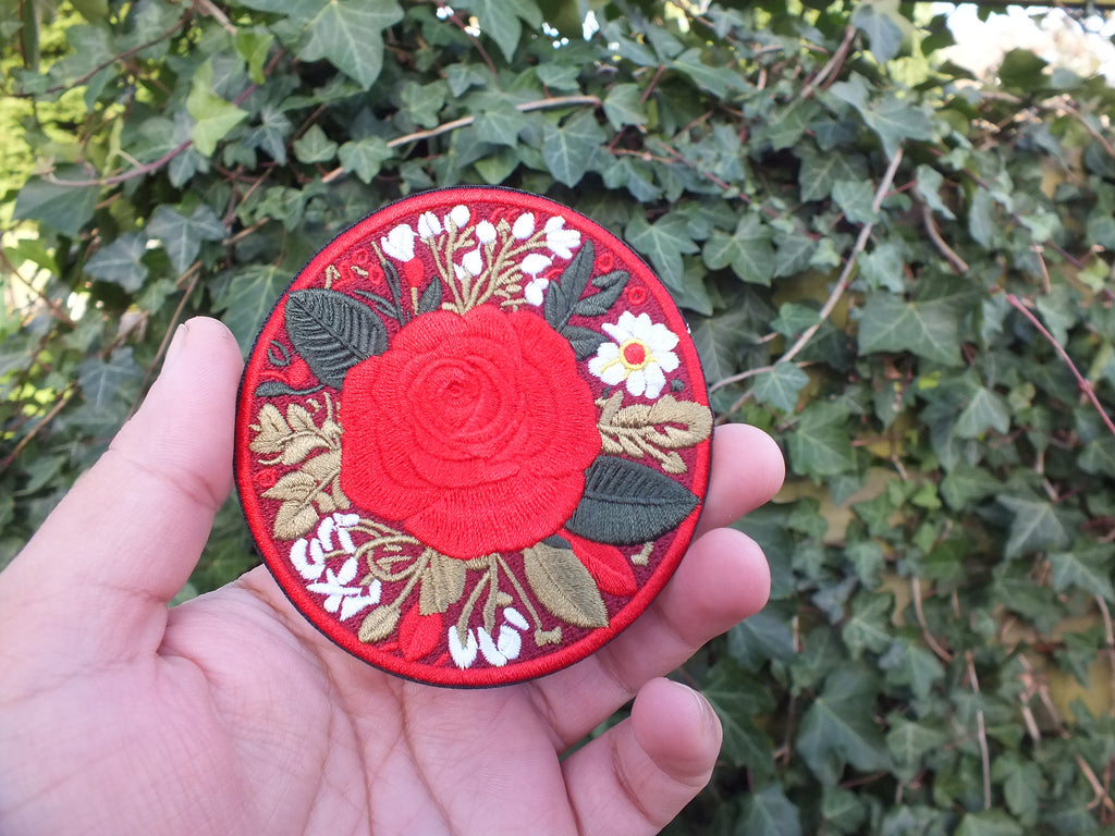 Red British Rose Patch Embroidered Flower Badge Iron On Hook and Loop Rose Patch Large Red Flower Embroidery Pretty British Flower