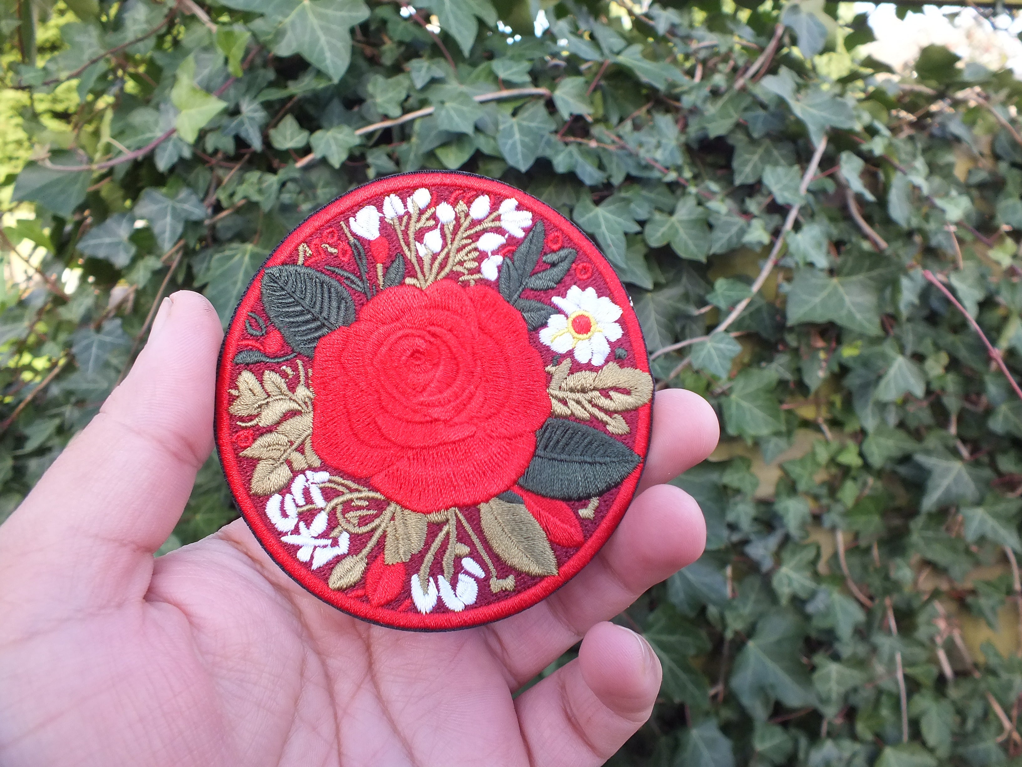 Red British Rose Patch Embroidered Flower Badge Iron On Hook and Loop Rose Patch Large Red Flower Embroidery Pretty British Flower
