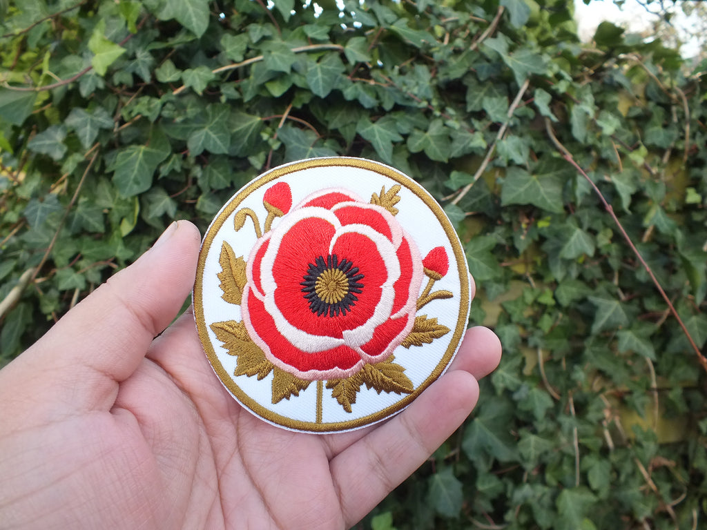 Red Poppy Patch Embroidered Round Flower Badge Iron On Hook and Loop Remembrance Poppy Patch Poppy Jacket Patch Embroidered Poppy Patch