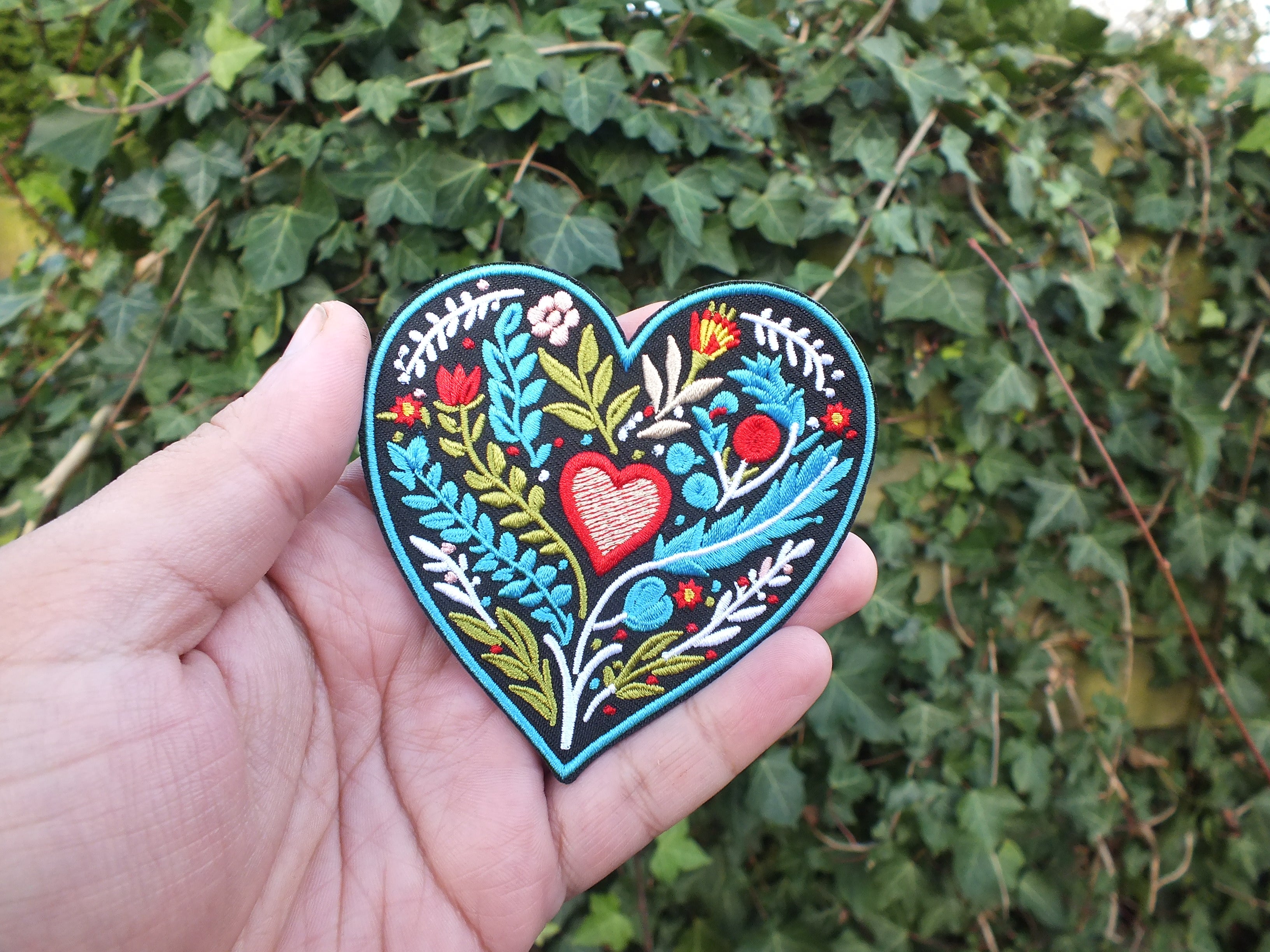 Embroidered Botanical Patch Personalized Floral Gifts for Mom Custom Heart Iron On Patch Large Sew On Flower Patches Love Heart Fabric