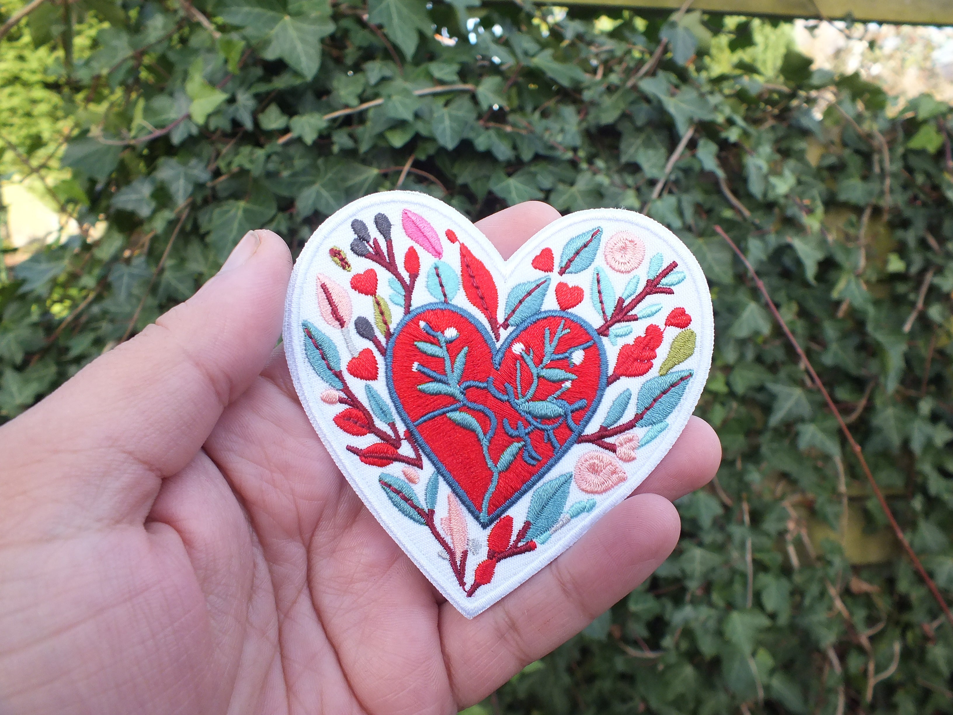 Love Heart Patch Embroidered Red Heart with Colorful Leaves Iron On or Hook Loop Cute Heart Patch Embroidered Anatomical Heart Jacket Badge