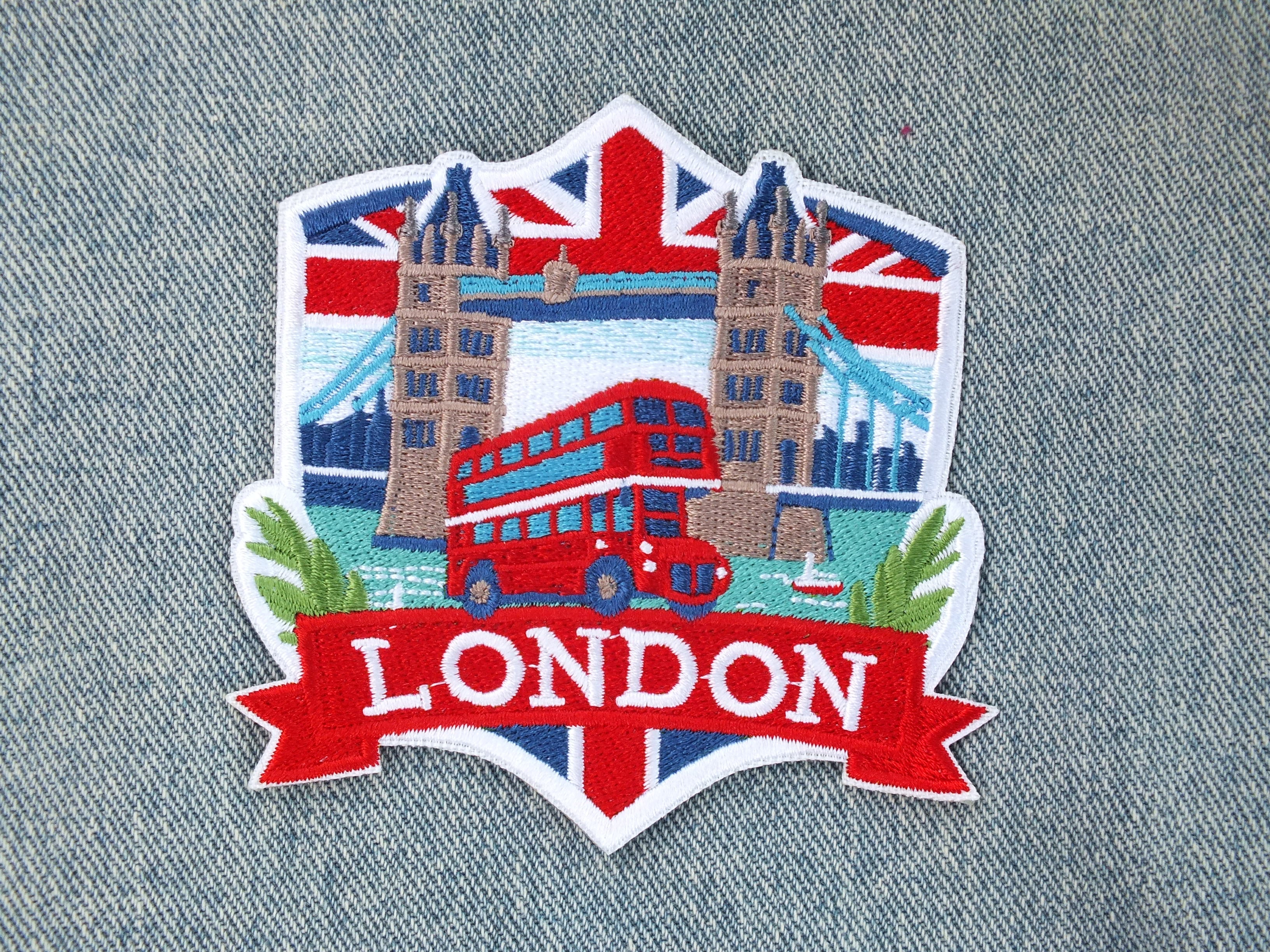 London Travel Patch Iron On Embroidered UK Appliqué Sew On Travel Souvenir Patch Hook Loop Travel Jacket Patch World Traveler Themed Patches