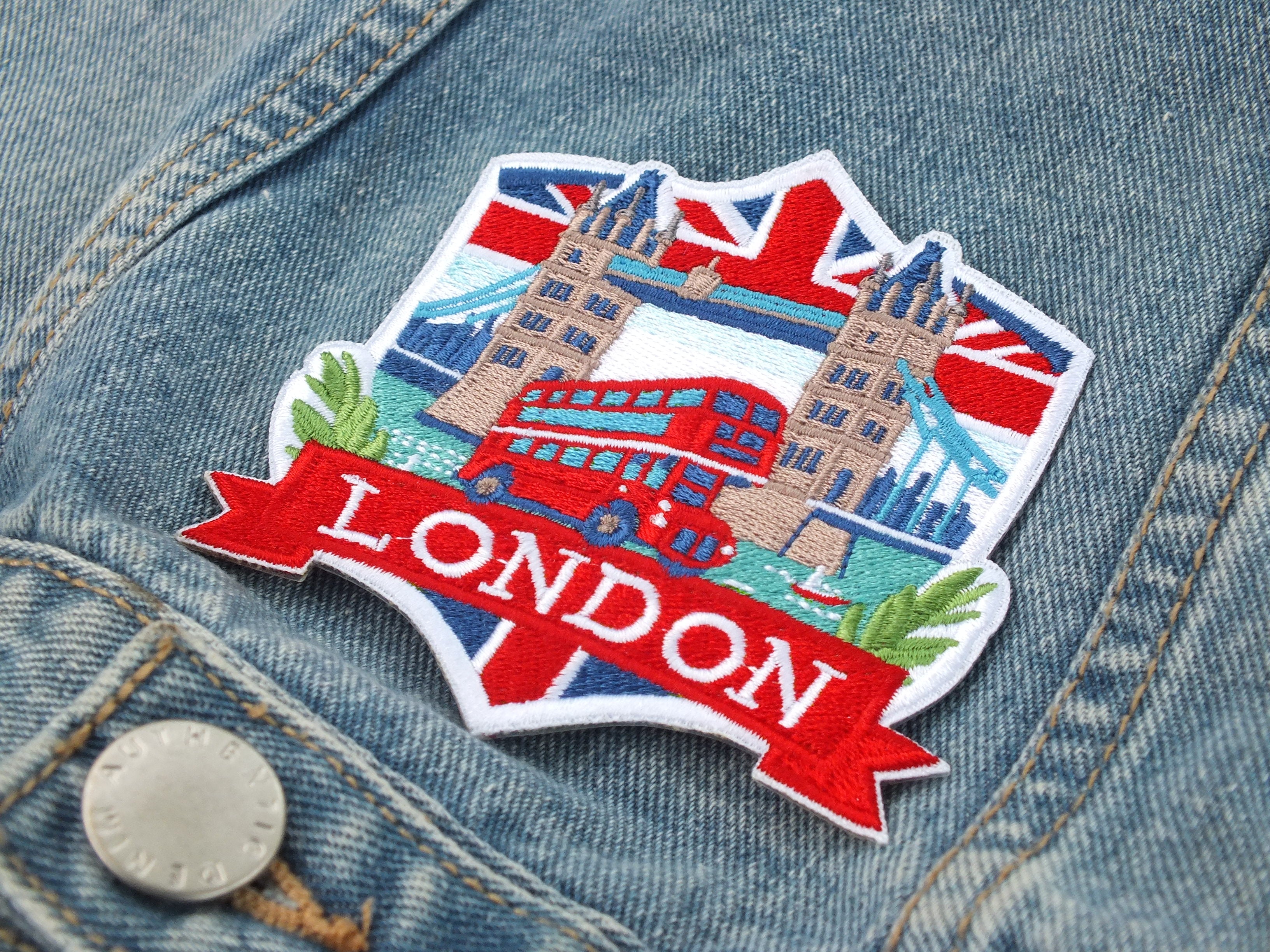 London Travel Patch Iron On Embroidered UK Appliqué Sew On Travel Souvenir Patch Hook Loop Travel Jacket Patch World Traveler Themed Patches