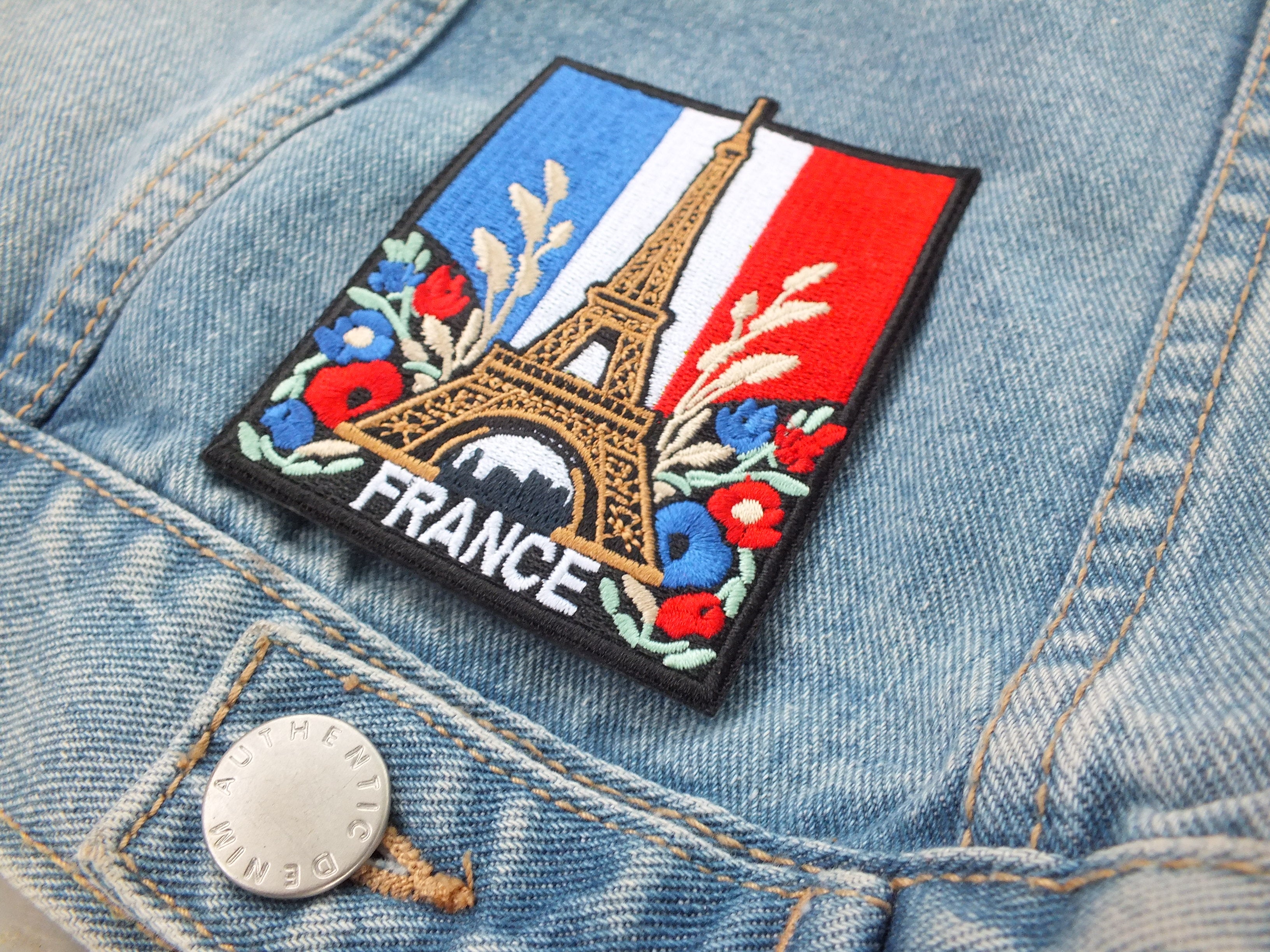 Eiffel Tower Iron On Patch Large Flag of France Embroidered Handmade Patch Colorful Sew On Travel Patch for Jacket Poppy Flower Patch Paris