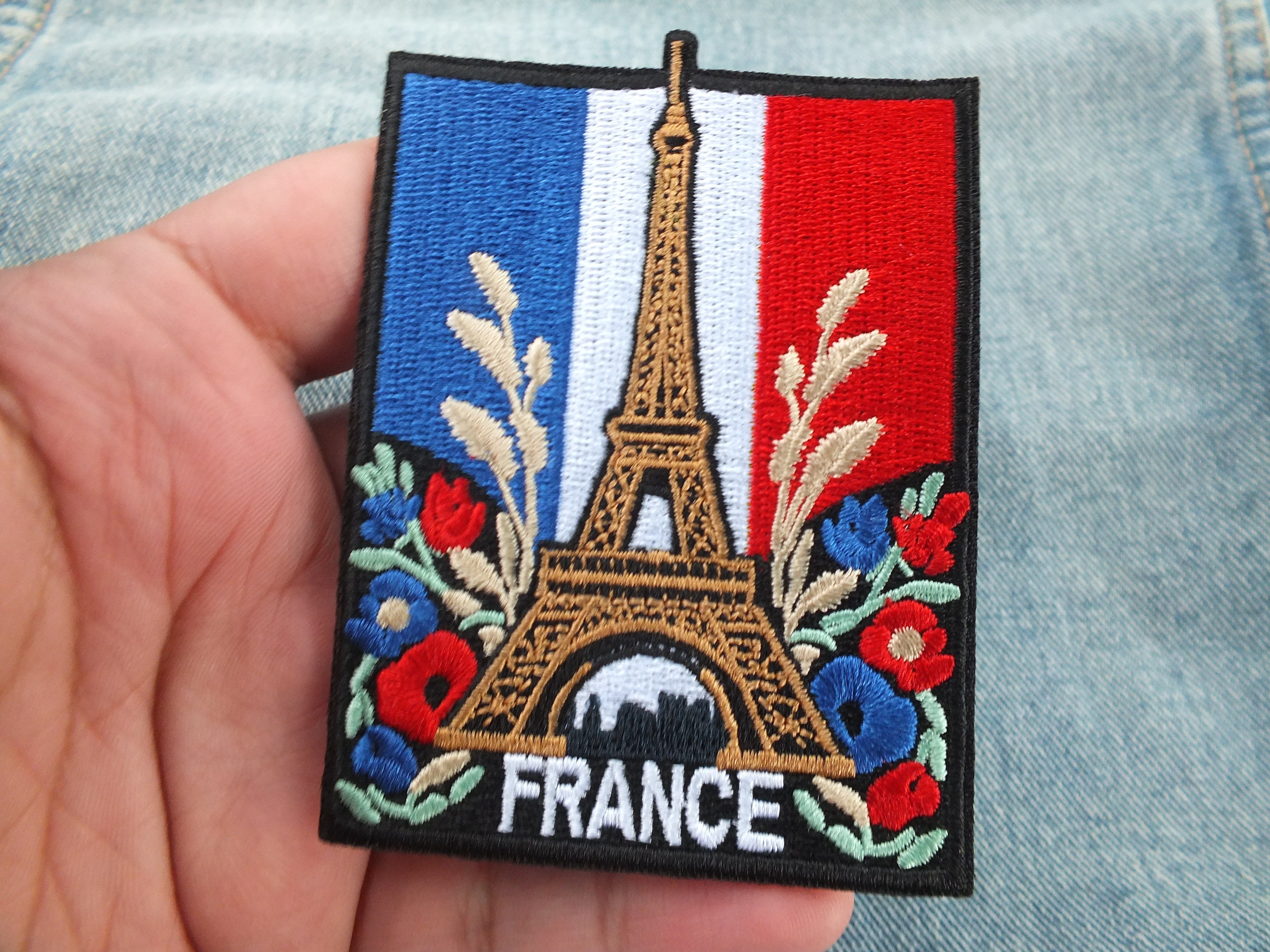 Eiffel Tower Iron On Patch Large Flag of France Embroidered Handmade Patch Colorful Sew On Travel Patch for Jacket Poppy Flower Patch Paris