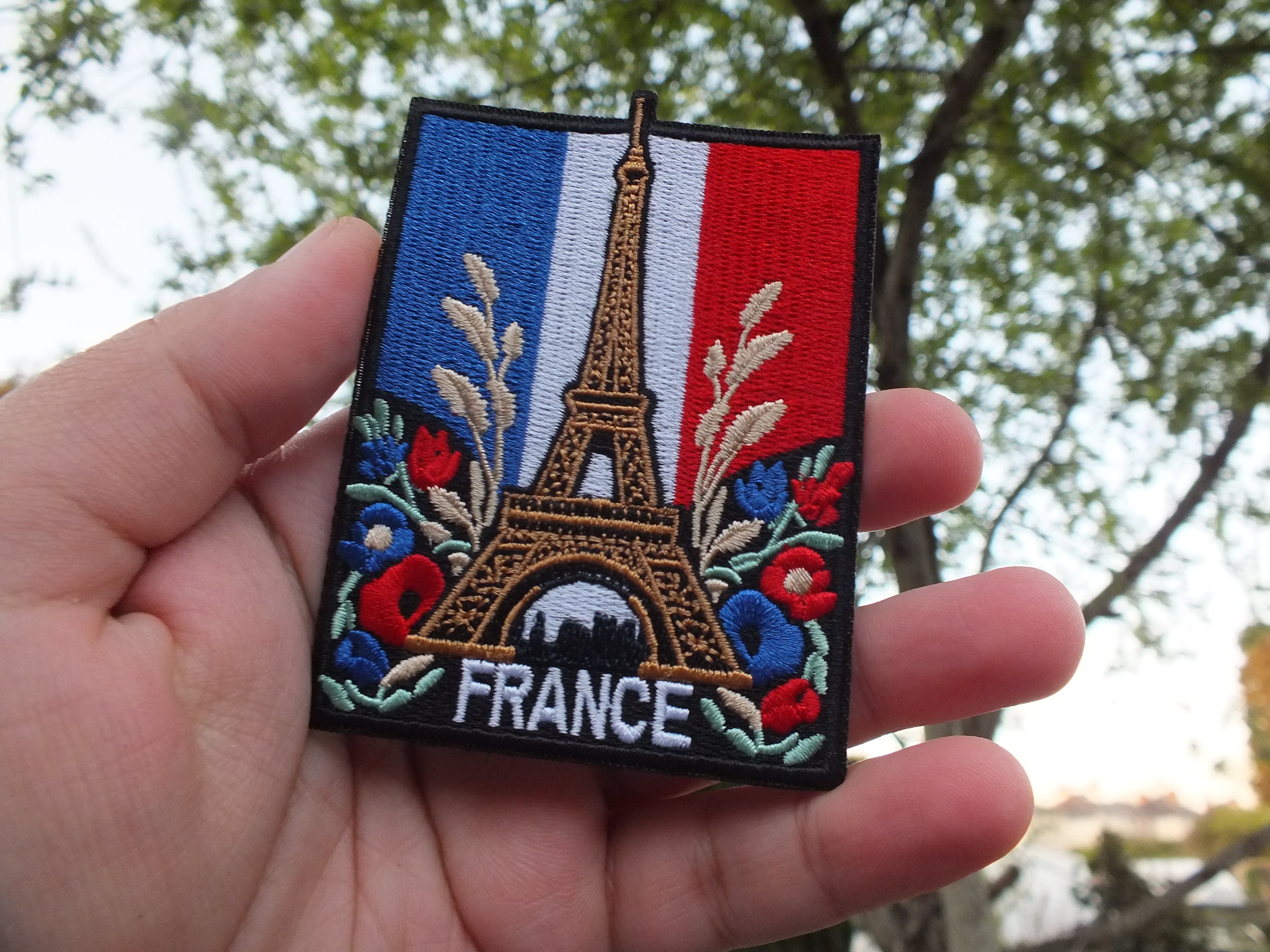 Eiffel Tower Iron On Patch Large Flag of France Embroidered Handmade Patch Colorful Sew On Travel Patch for Jacket Poppy Flower Patch Paris