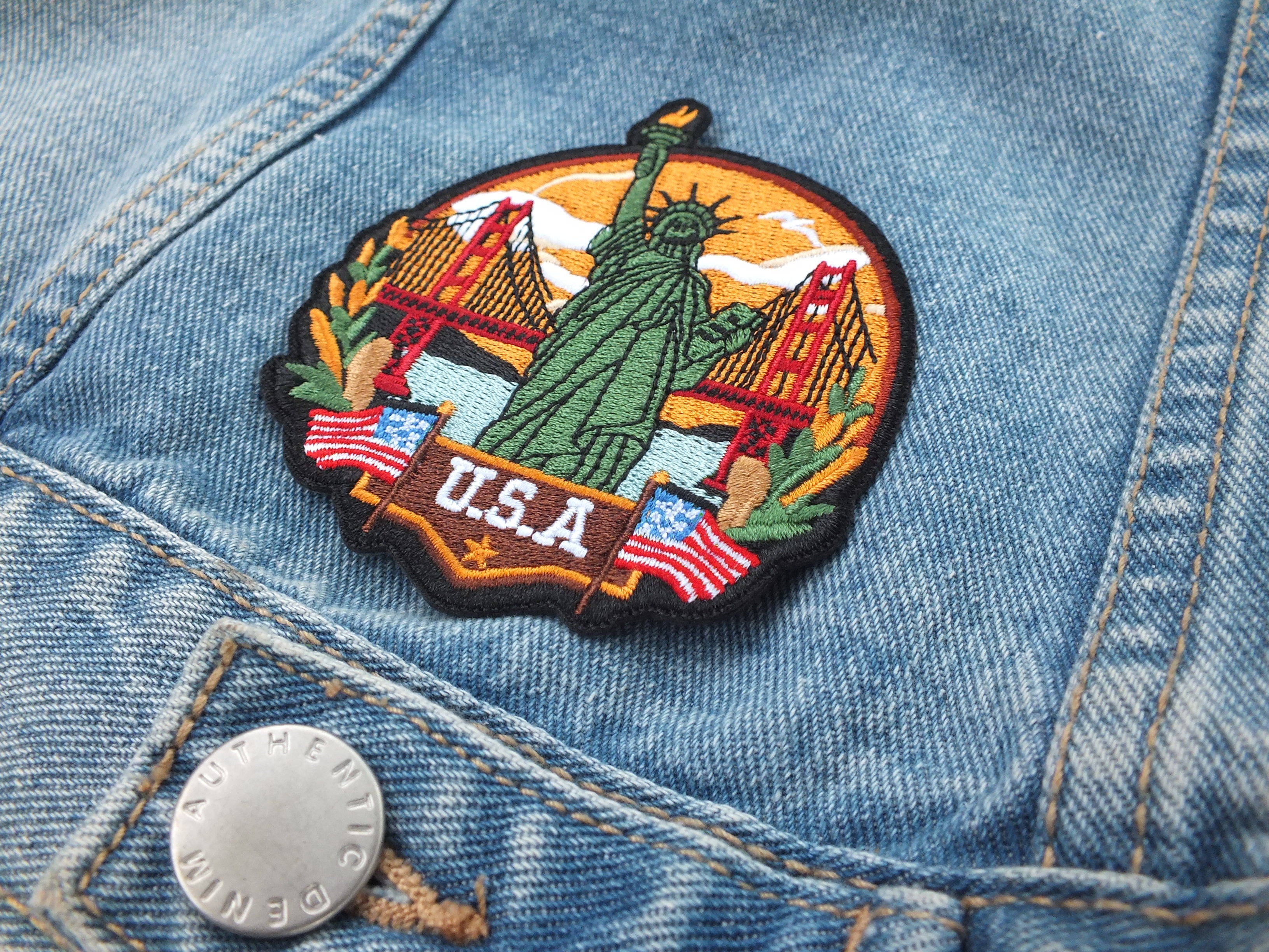 USA Travel Patch Hand Embroidered Travel Themed Patch Iron On New York Travel Patch Sew On World Traveler Patch Travel Bag Patch