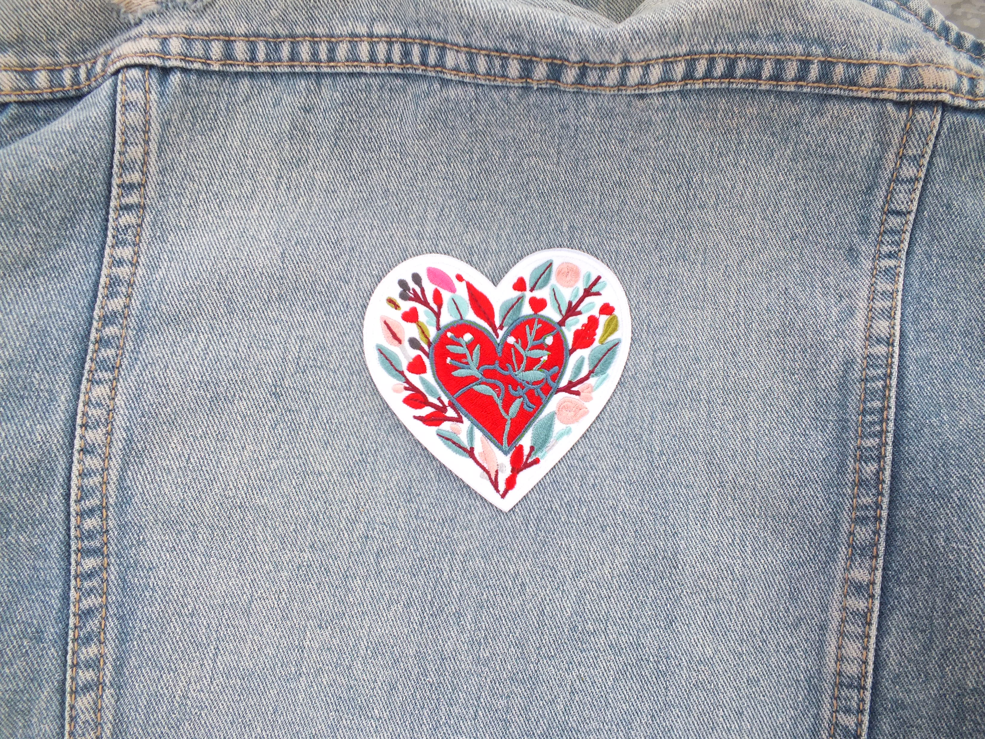 Love Heart Patch Embroidered Red Heart with Colorful Leaves Iron On or Hook Loop Cute Heart Patch Embroidered Anatomical Heart Jacket Badge