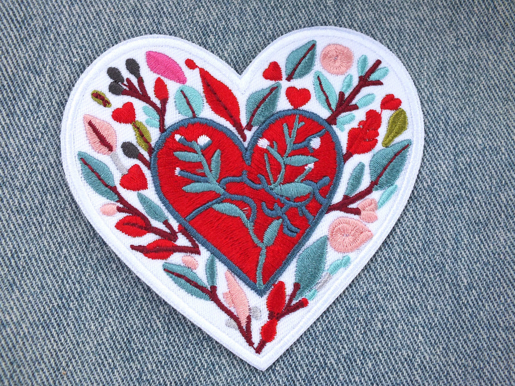 Love Heart Patch Embroidered Red Heart with Colorful Leaves Iron On or Hook Loop Cute Heart Patch Embroidered Anatomical Heart Jacket Badge