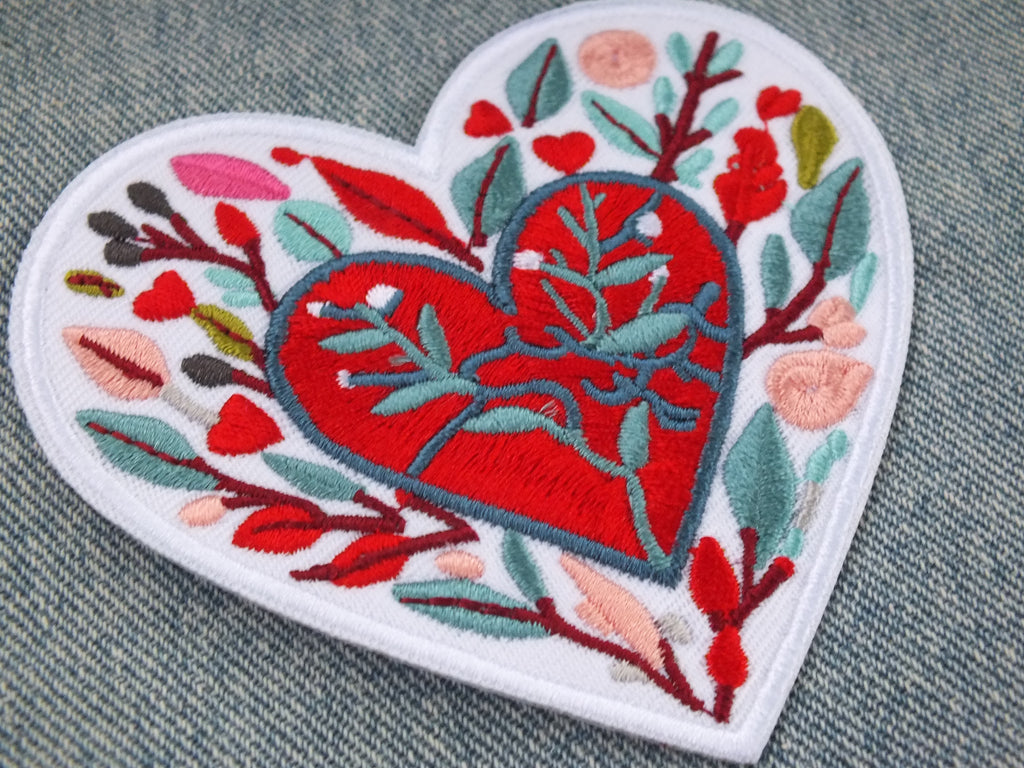 Love Heart Patch Embroidered Red Heart with Colorful Leaves Iron On or Hook Loop Cute Heart Patch Embroidered Anatomical Heart Jacket Badge