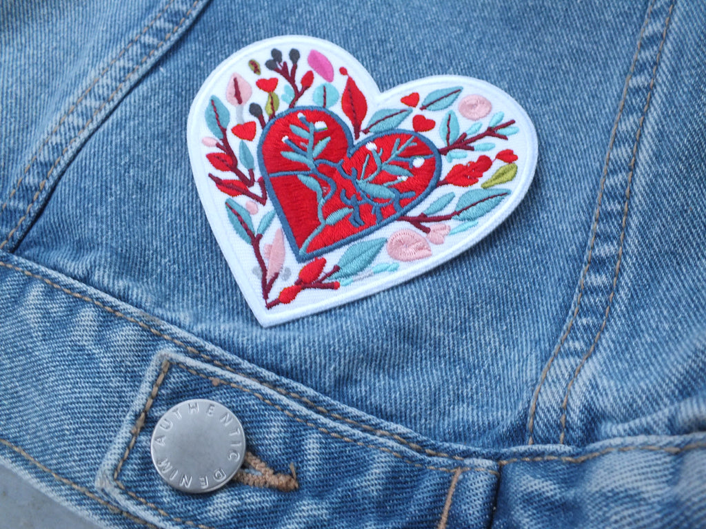Love Heart Patch Embroidered Red Heart with Colorful Leaves Iron On or Hook Loop Cute Heart Patch Embroidered Anatomical Heart Jacket Badge