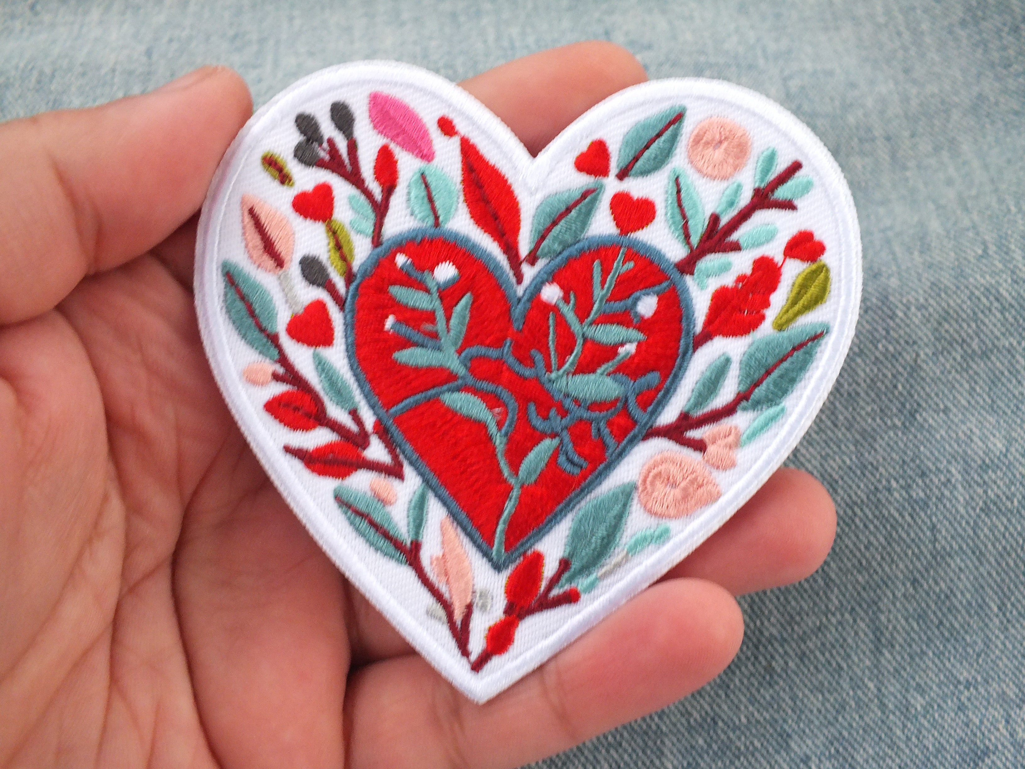 Love Heart Patch Embroidered Red Heart with Colorful Leaves Iron On or Hook Loop Cute Heart Patch Embroidered Anatomical Heart Jacket Badge