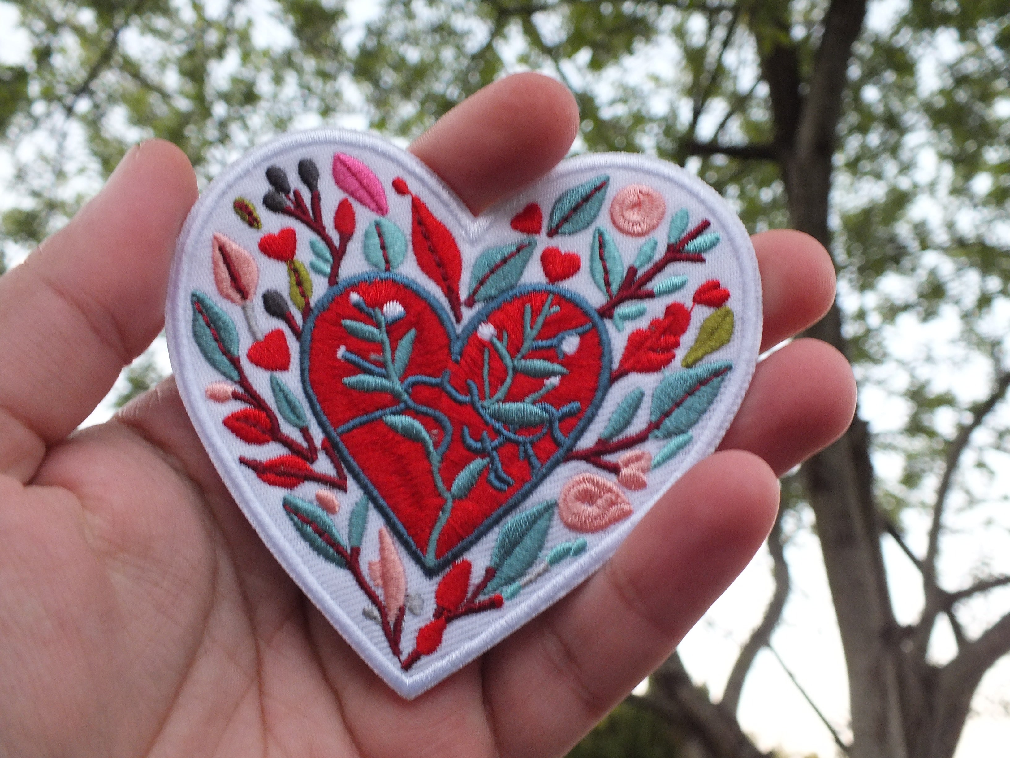 Love Heart Patch Embroidered Red Heart with Colorful Leaves Iron On or Hook Loop Cute Heart Patch Embroidered Anatomical Heart Jacket Badge