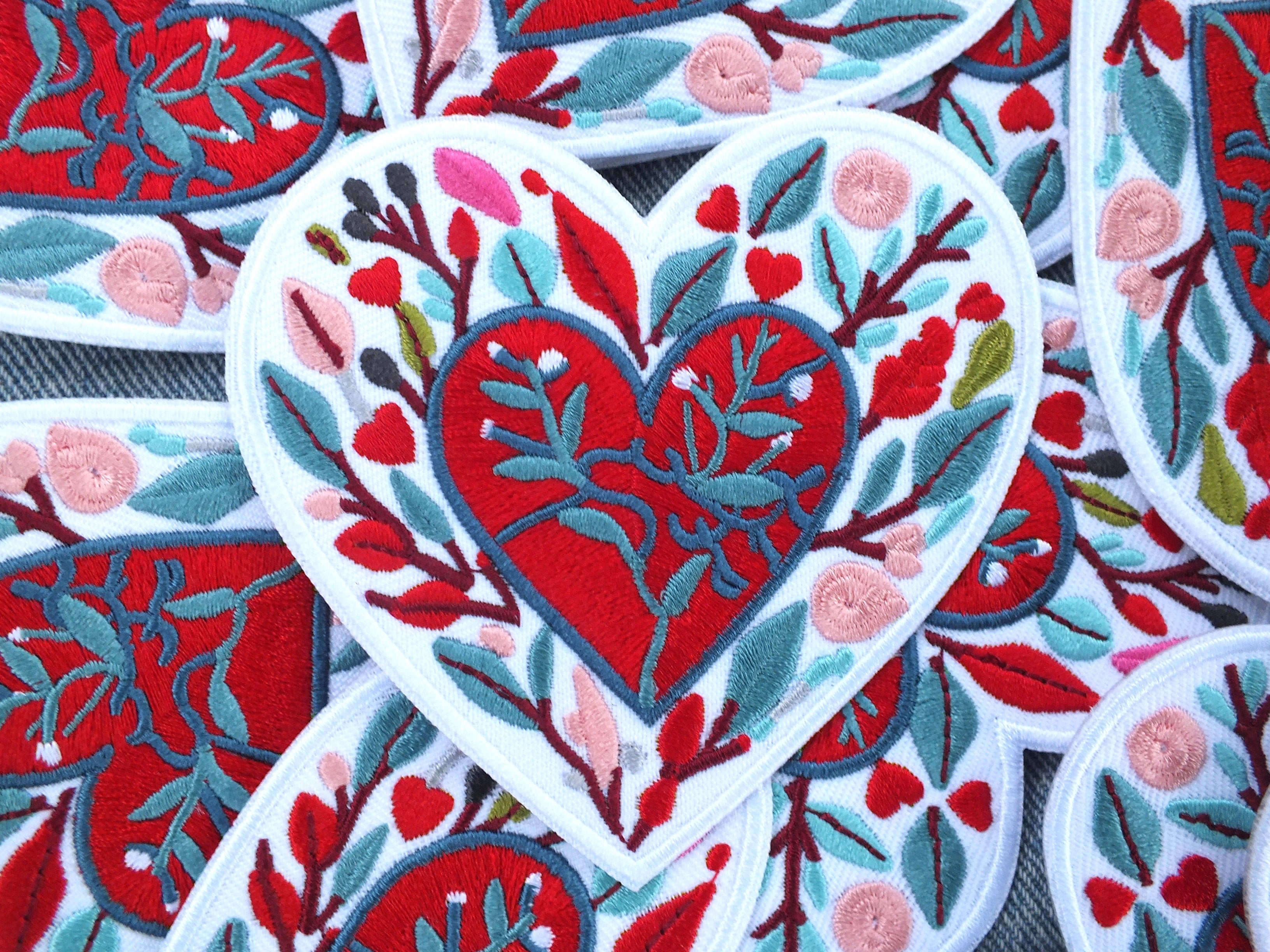 Love Heart Patch Embroidered Red Heart with Colorful Leaves Iron On or Hook Loop Cute Heart Patch Embroidered Anatomical Heart Jacket Badge
