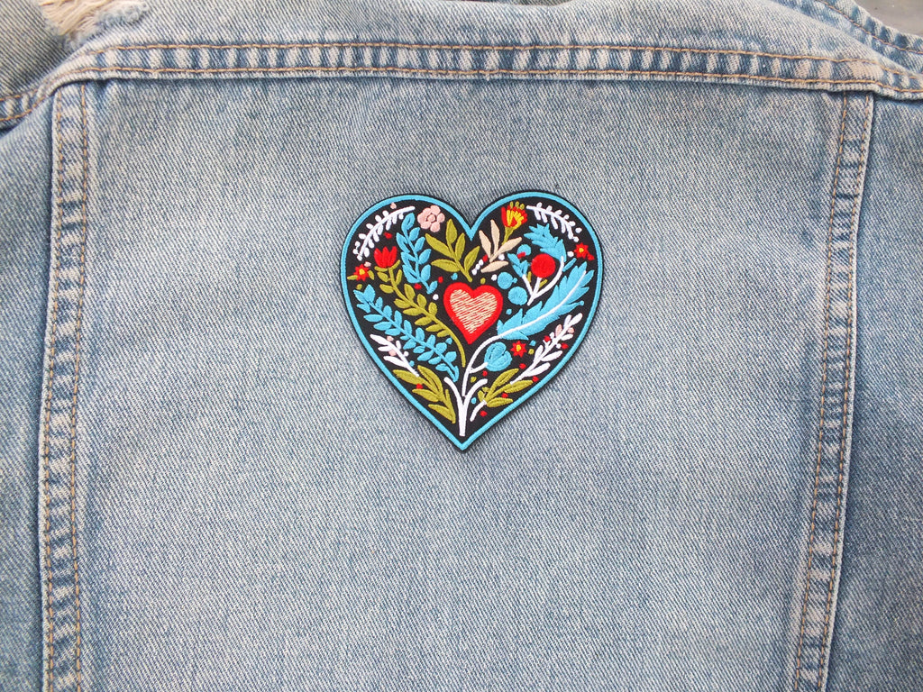 Embroidered Botanical Patch Personalized Floral Gifts for Mom Custom Heart Iron On Patch Large Sew On Flower Patches Love Heart Fabric