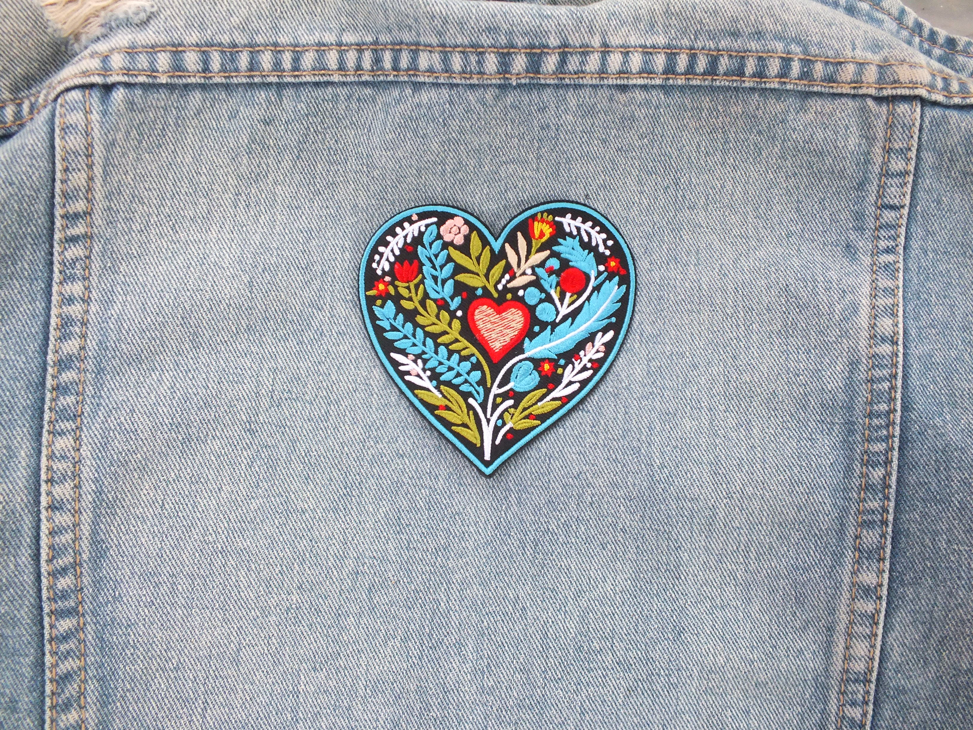 Embroidered Botanical Patch Personalized Floral Gifts for Mom Custom Heart Iron On Patch Large Sew On Flower Patches Love Heart Fabric