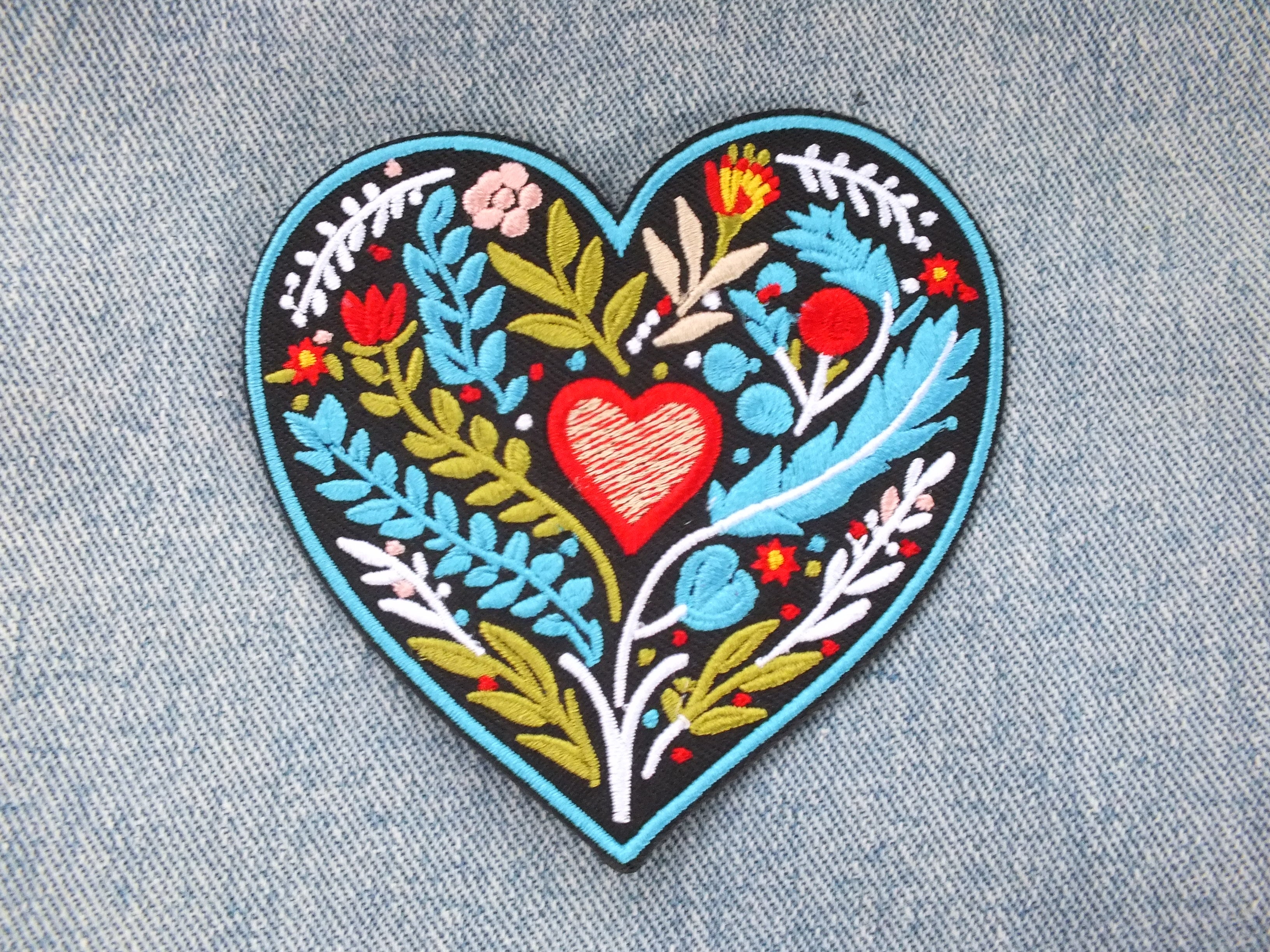 Embroidered Botanical Patch Personalized Floral Gifts for Mom Custom Heart Iron On Patch Large Sew On Flower Patches Love Heart Fabric