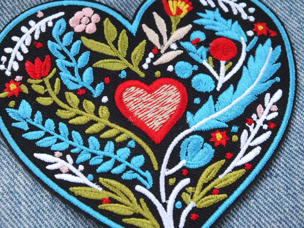 Embroidered Botanical Patch Personalized Floral Gifts for Mom Custom Heart Iron On Patch Large Sew On Flower Patches Love Heart Fabric