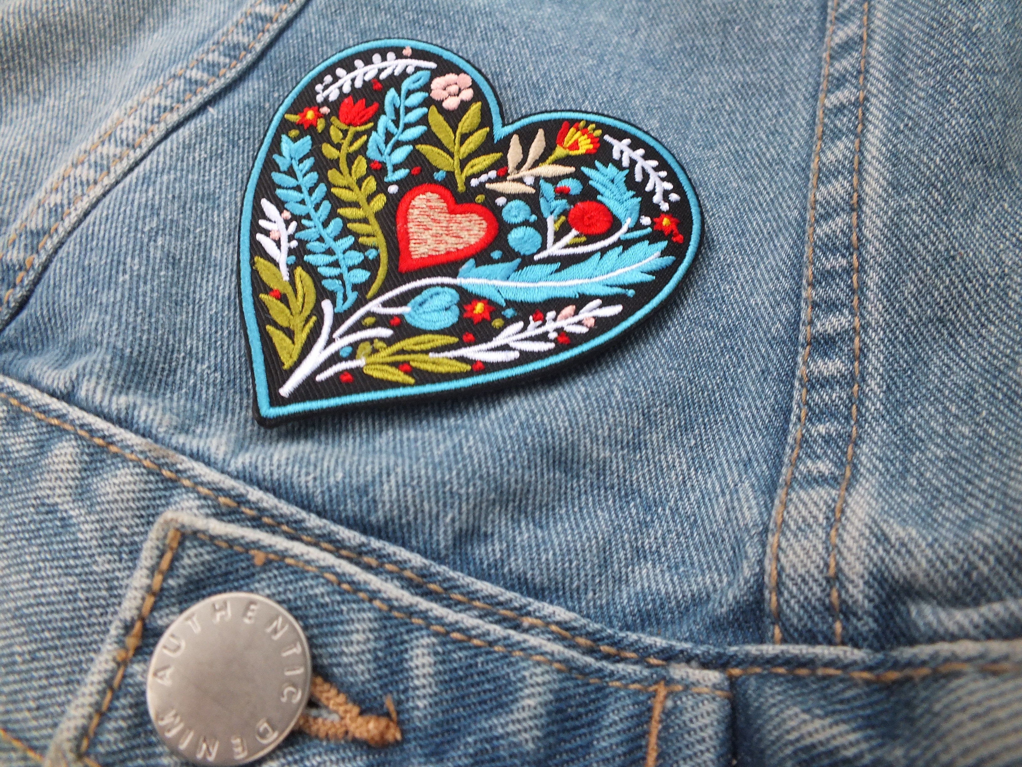Embroidered Botanical Patch Personalized Floral Gifts for Mom Custom Heart Iron On Patch Large Sew On Flower Patches Love Heart Fabric