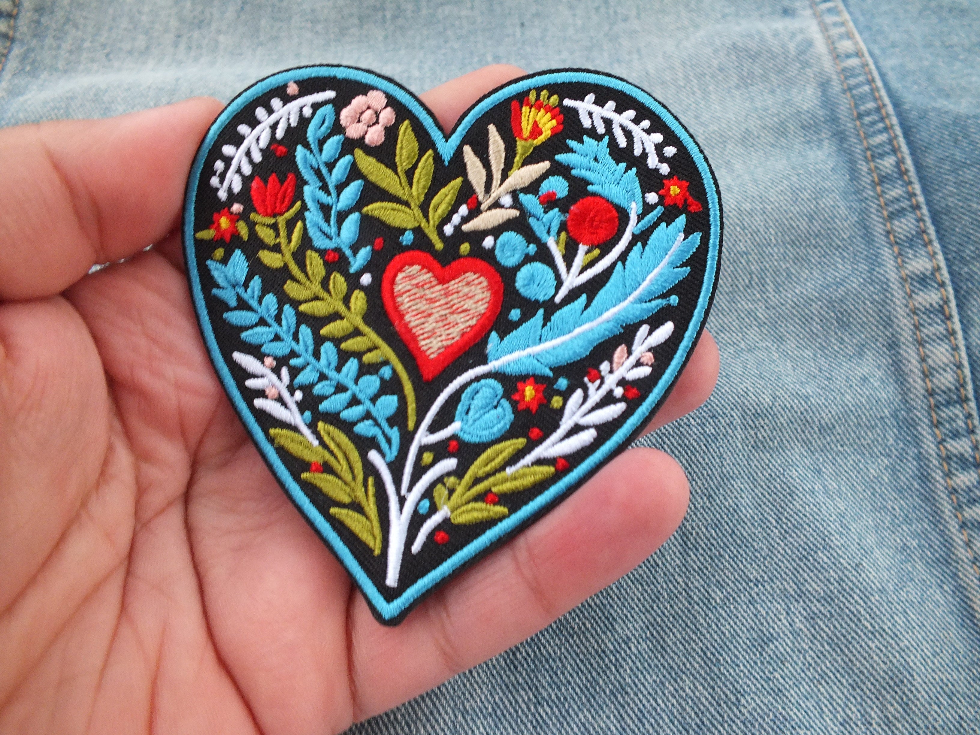 Embroidered Botanical Patch Personalized Floral Gifts for Mom Custom Heart Iron On Patch Large Sew On Flower Patches Love Heart Fabric