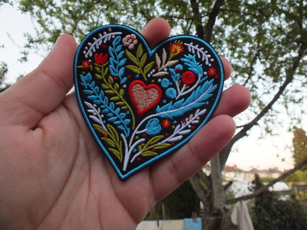 Embroidered Botanical Patch Personalized Floral Gifts for Mom Custom Heart Iron On Patch Large Sew On Flower Patches Love Heart Fabric