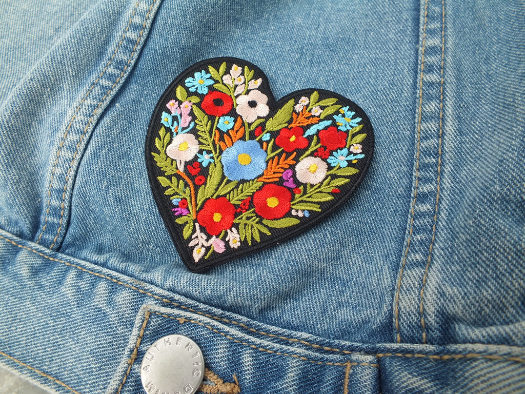 Cute Heart Flower Patch Embroidered Iron On or Hook and Loop Aesthetic Appliqué for Backpacks Jackets & DIY Projects Floral Heart Patch