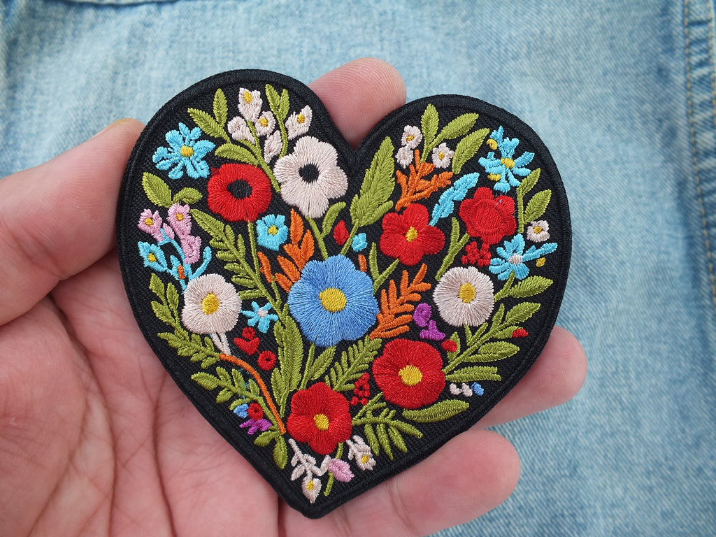 Cute Heart Flower Patch Embroidered Iron On or Hook and Loop Aesthetic Appliqué for Backpacks Jackets & DIY Projects Floral Heart Patch