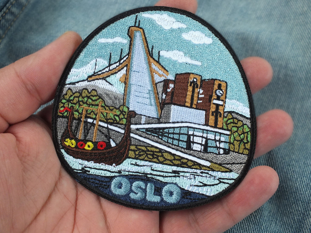 Oslo Travel Patch Norway City Embroidered Patches Travel Jacket Iron On Patch Europe Viking City Hook and Loop Scandinavian Embroidery Patch