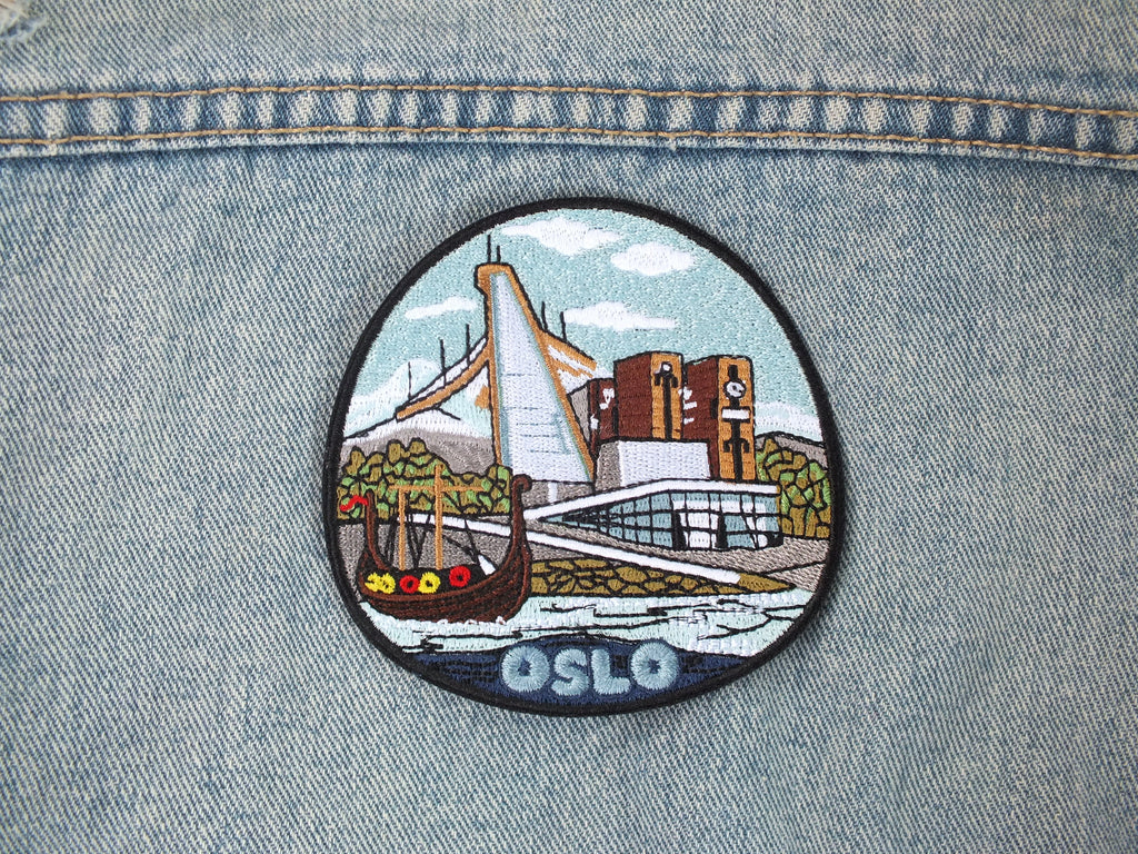 Oslo Travel Patch Norway City Embroidered Patches Travel Jacket Iron On Patch Europe Viking City Hook and Loop Scandinavian Embroidery Patch