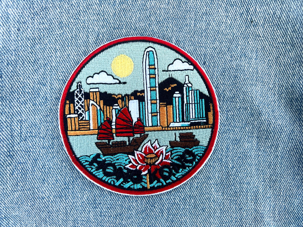 Hong Kong Travel Patch Embroidered Asia Jacket Applique DIY Custom Clothing Badge World City Postcard Famous Landmark Photo