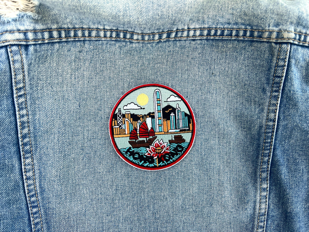 Hong Kong Travel Patch Embroidered Asia Jacket Applique DIY Custom Clothing Badge World City Postcard Famous Landmark Photo