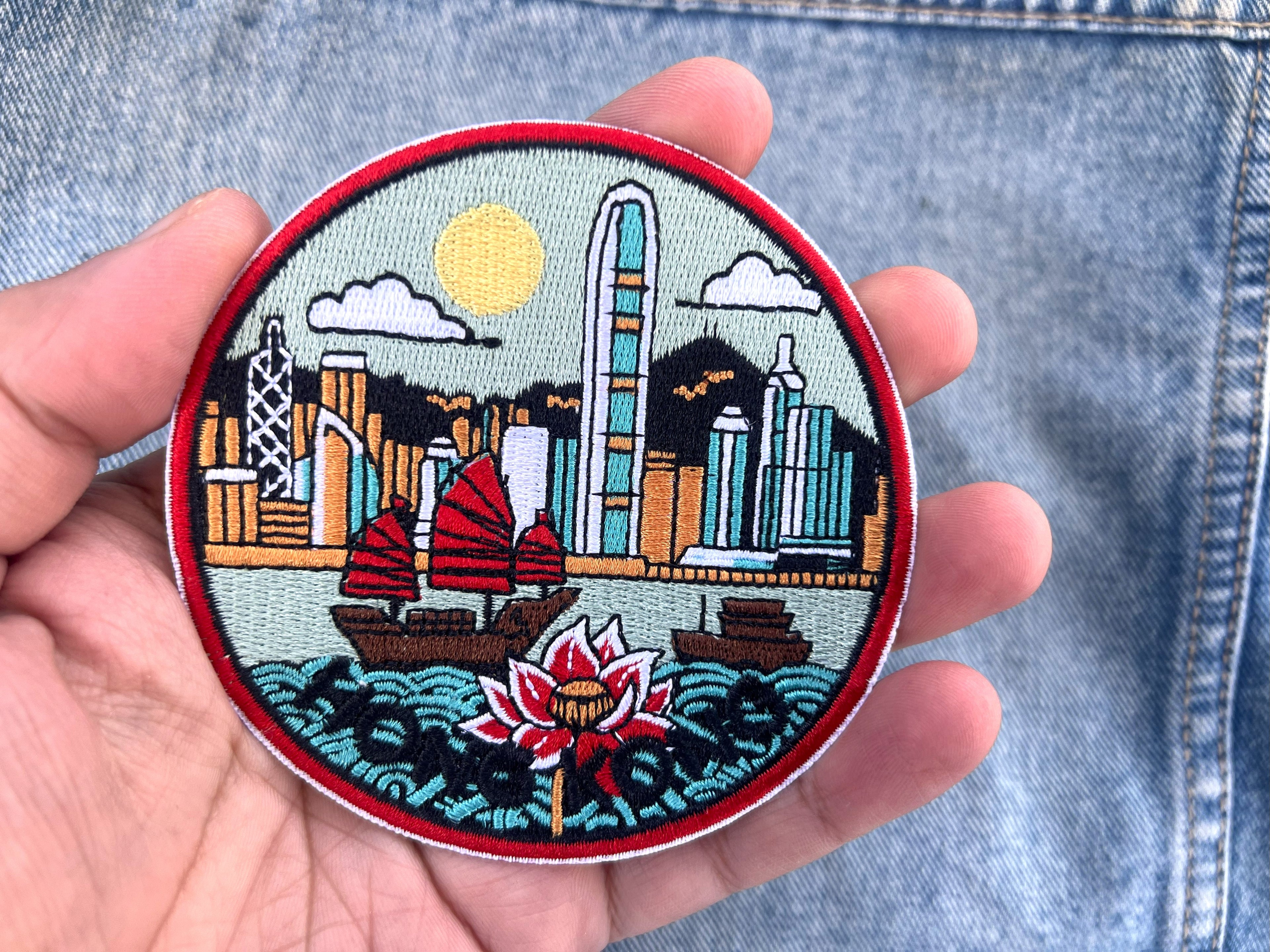 Hong Kong Travel Patch Embroidered Asia Jacket Applique DIY Custom Clothing Badge World City Postcard Famous Landmark Photo