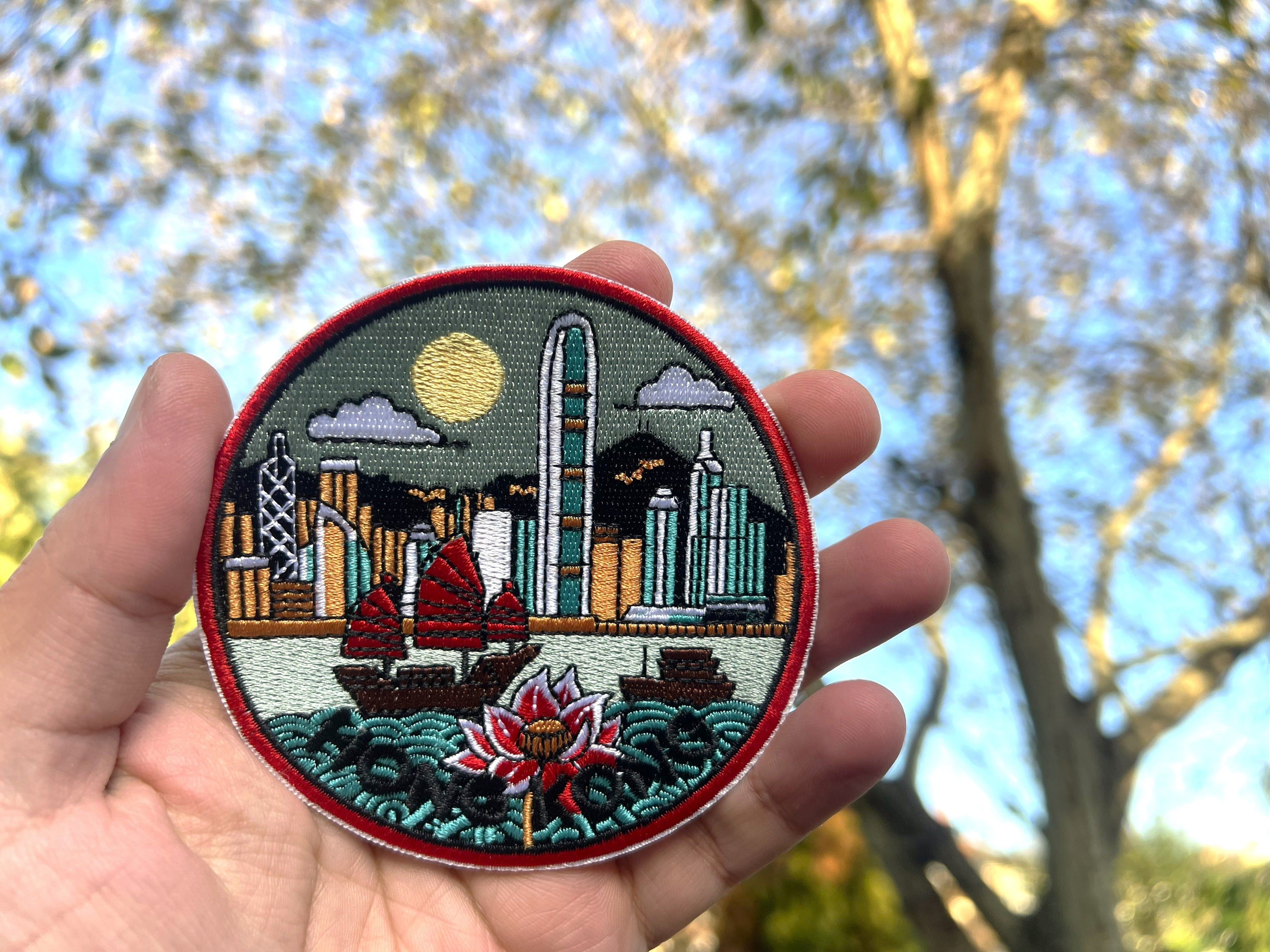 Hong Kong Travel Patch Embroidered Asia Jacket Applique DIY Custom Clothing Badge World City Postcard Famous Landmark Photo