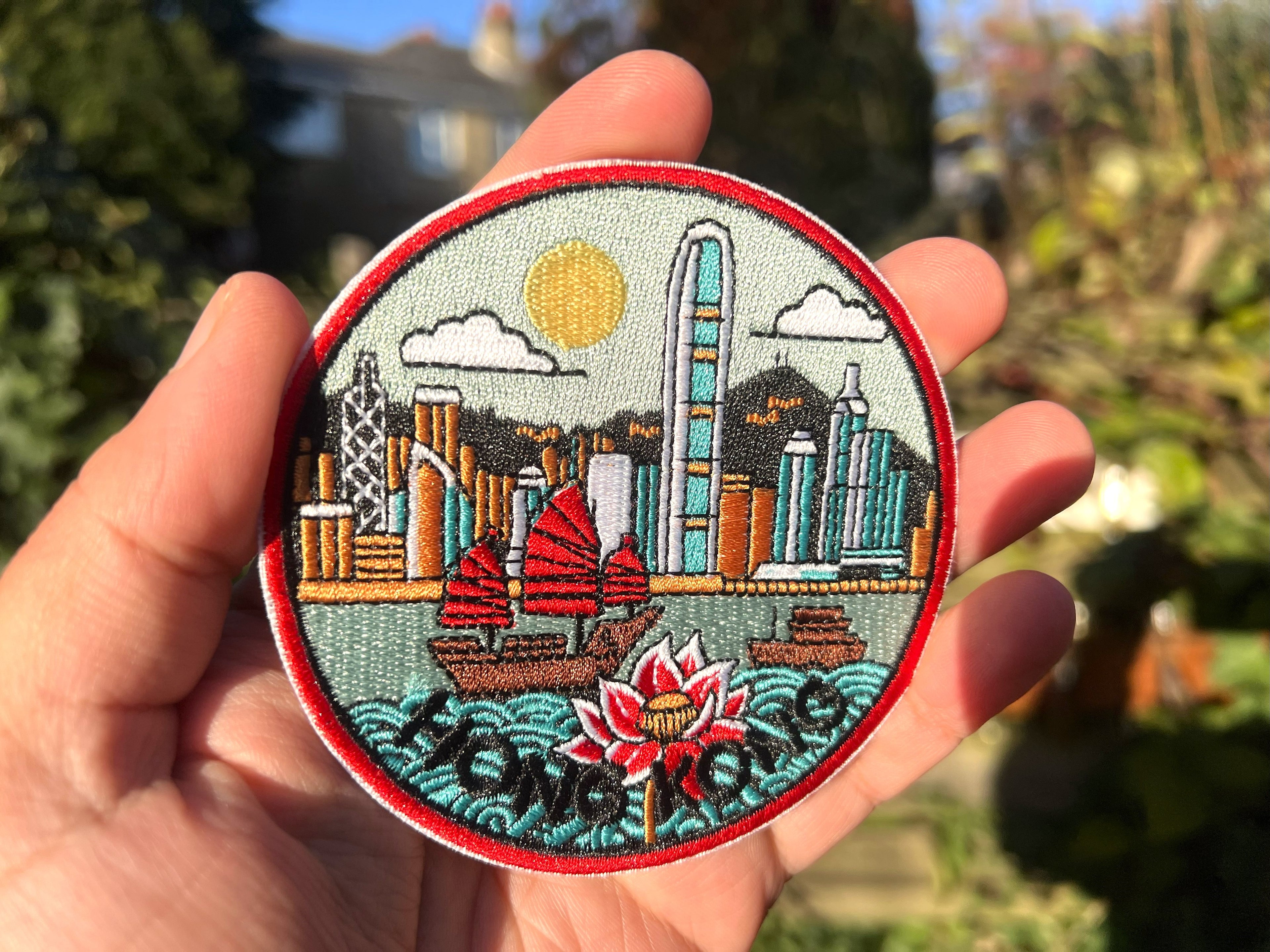 Hong Kong Travel Patch Embroidered Asia Jacket Applique DIY Custom Clothing Badge World City Postcard Famous Landmark Photo