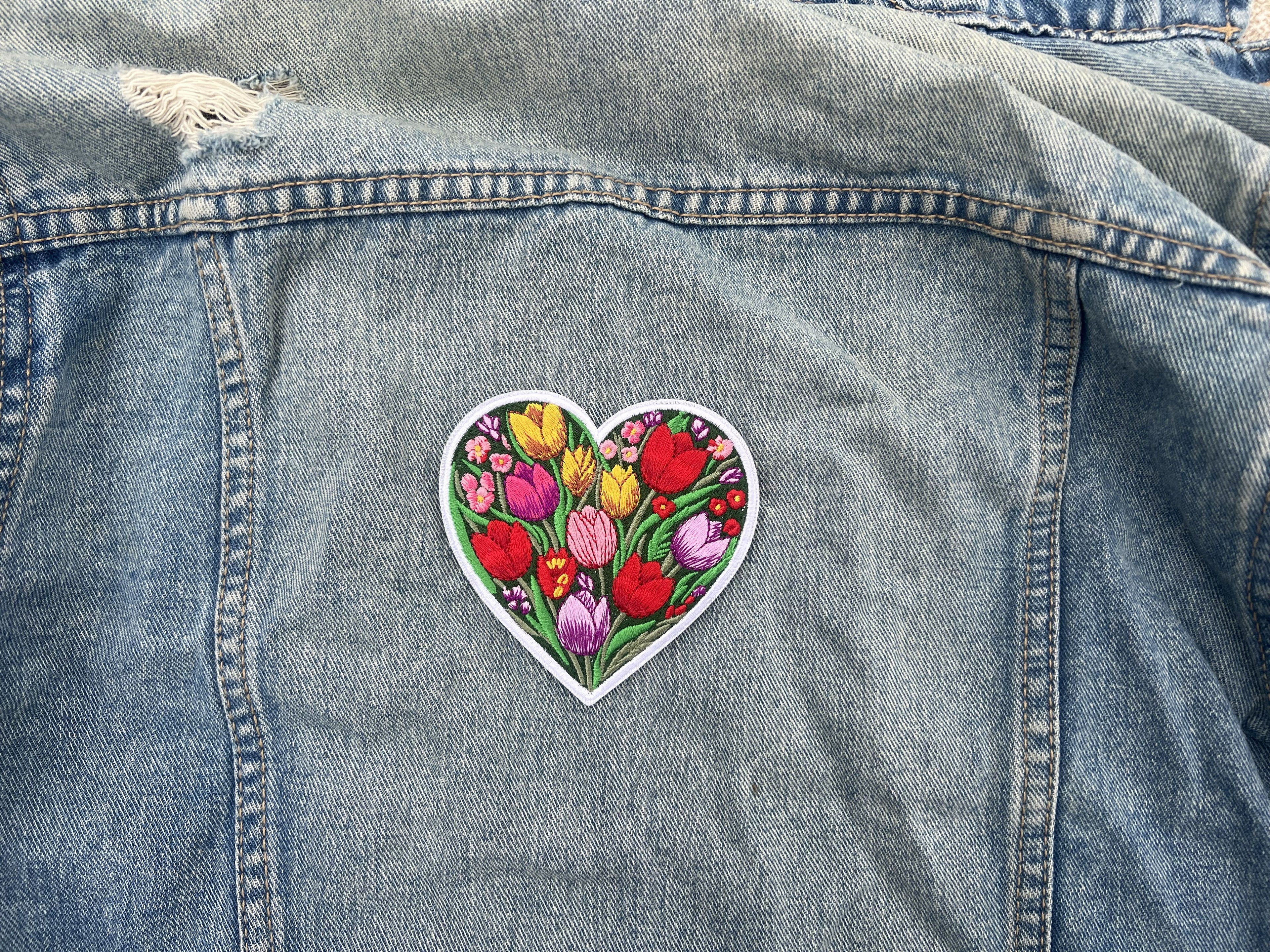 Cute Tulip Patch Large Iron On Botanical Patch Personalized Floral Applique Gifts for Her Sew On Wildflower Patch Embroidered Heart Patch
