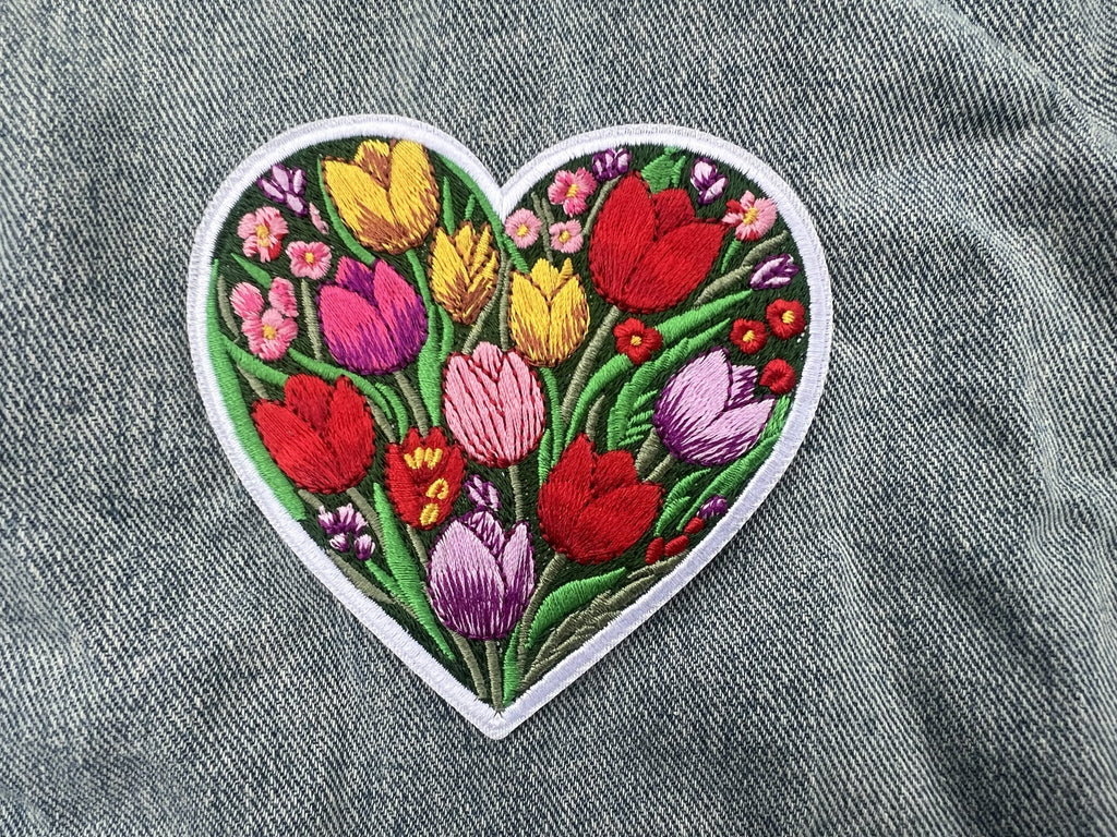Cute Tulip Patch Large Iron On Botanical Patch Personalized Floral Applique Gifts for Her Sew On Wildflower Patch Embroidered Heart Patch