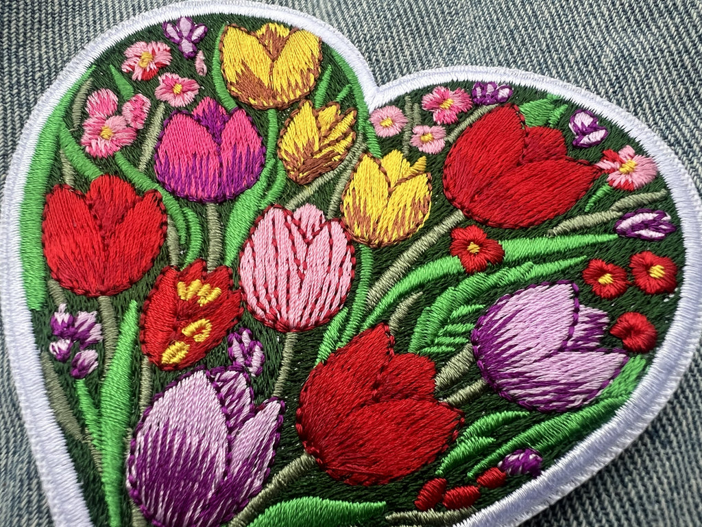 Cute Tulip Patch Large Iron On Botanical Patch Personalized Floral Applique Gifts for Her Sew On Wildflower Patch Embroidered Heart Patch