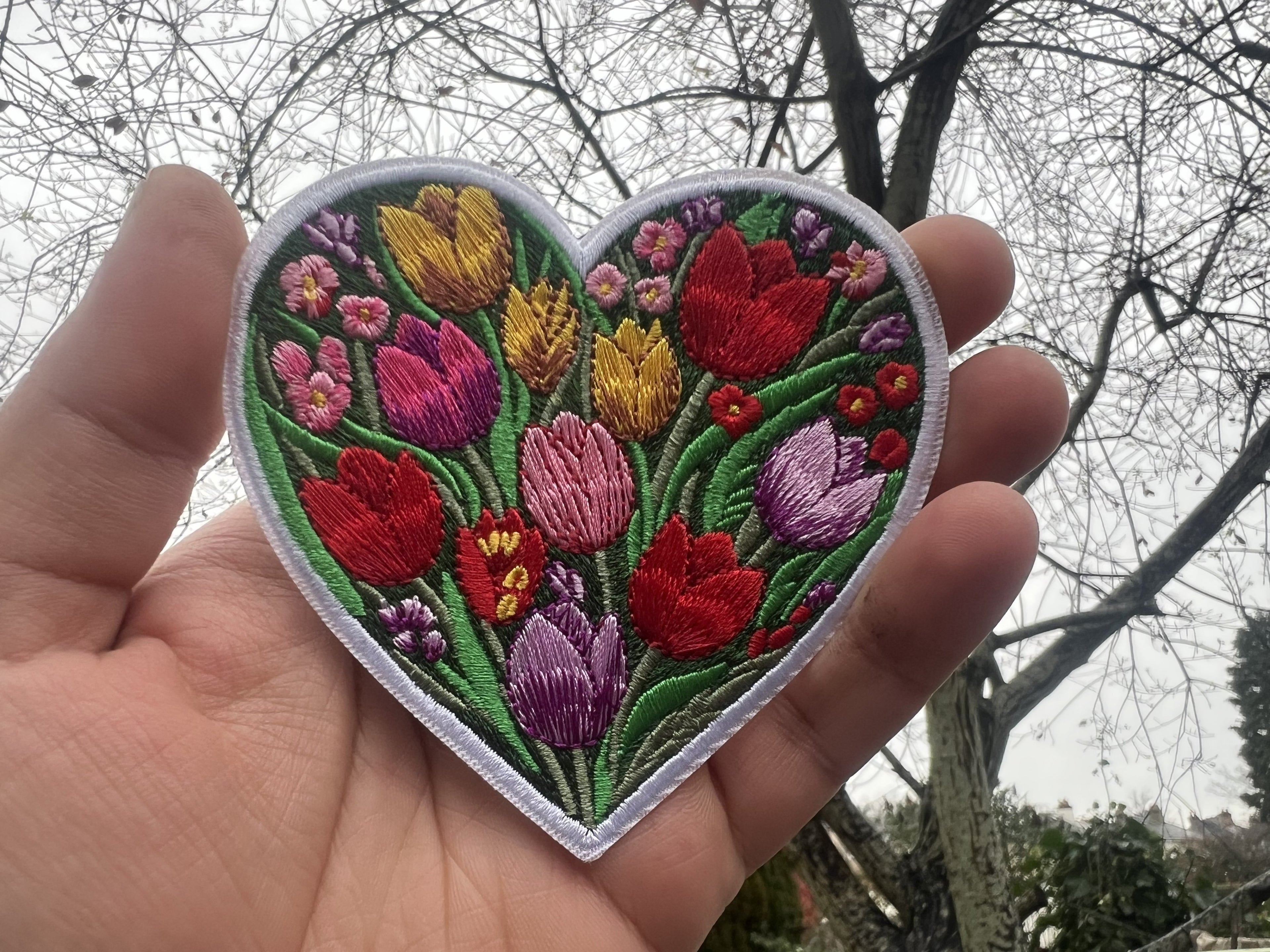 Cute Tulip Patch Large Iron On Botanical Patch Personalized Floral Applique Gifts for Her Sew On Wildflower Patch Embroidered Heart Patch