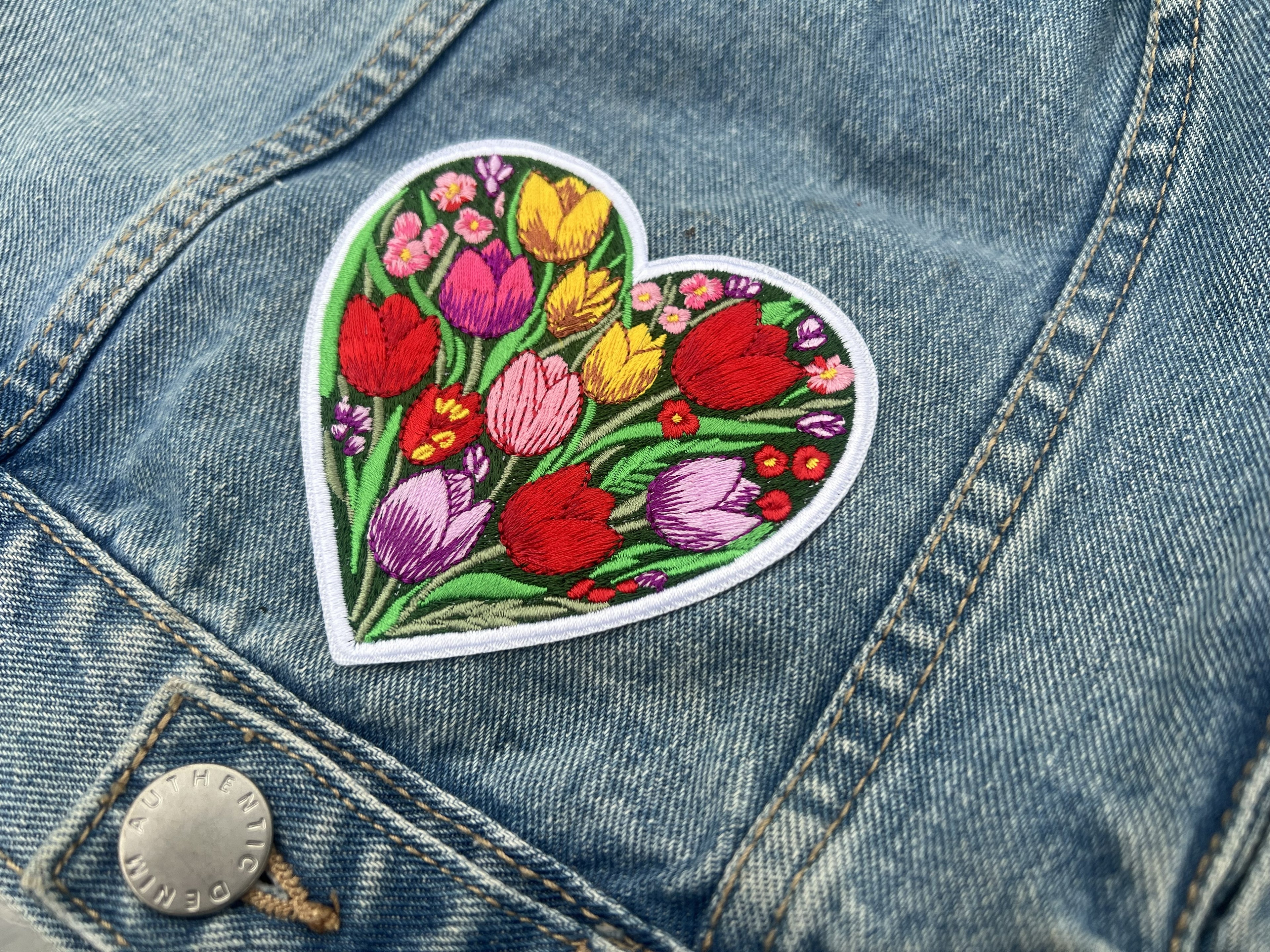 Cute Tulip Patch Large Iron On Botanical Patch Personalized Floral Applique Gifts for Her Sew On Wildflower Patch Embroidered Heart Patch
