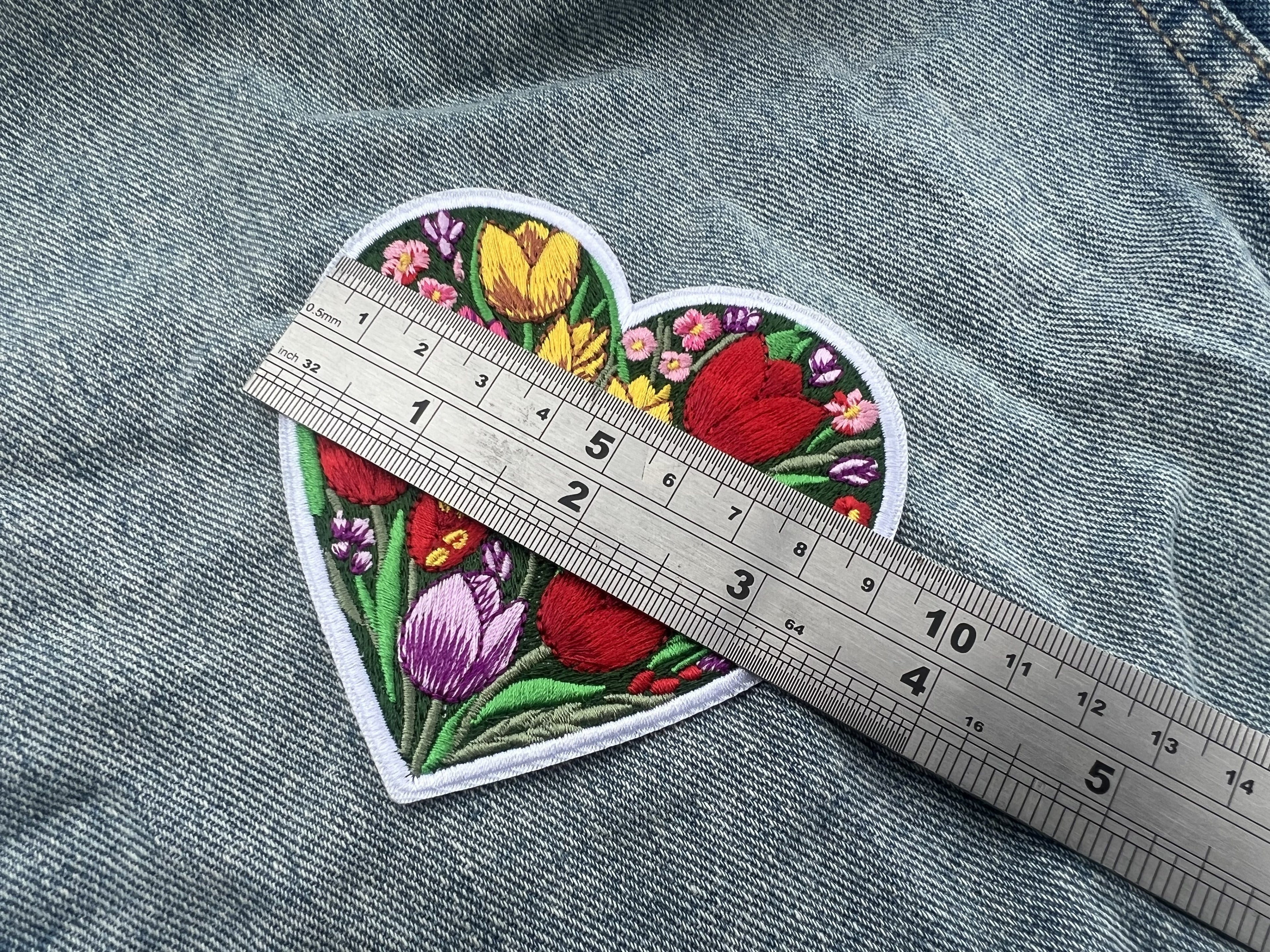 Cute Tulip Patch Large Iron On Botanical Patch Personalized Floral Applique Gifts for Her Sew On Wildflower Patch Embroidered Heart Patch