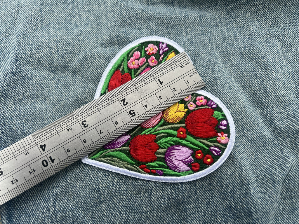 Cute Tulip Patch Large Iron On Botanical Patch Personalized Floral Applique Gifts for Her Sew On Wildflower Patch Embroidered Heart Patch