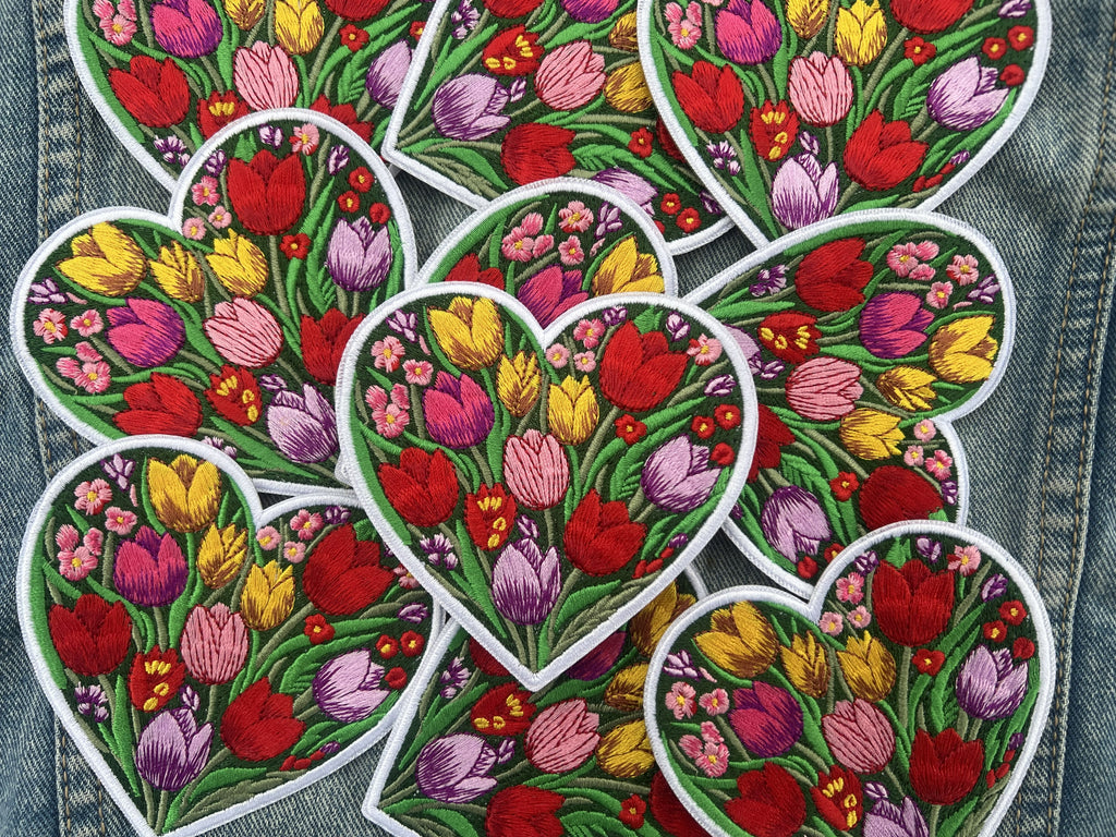 Cute Tulip Patch Large Iron On Botanical Patch Personalized Floral Applique Gifts for Her Sew On Wildflower Patch Embroidered Heart Patch