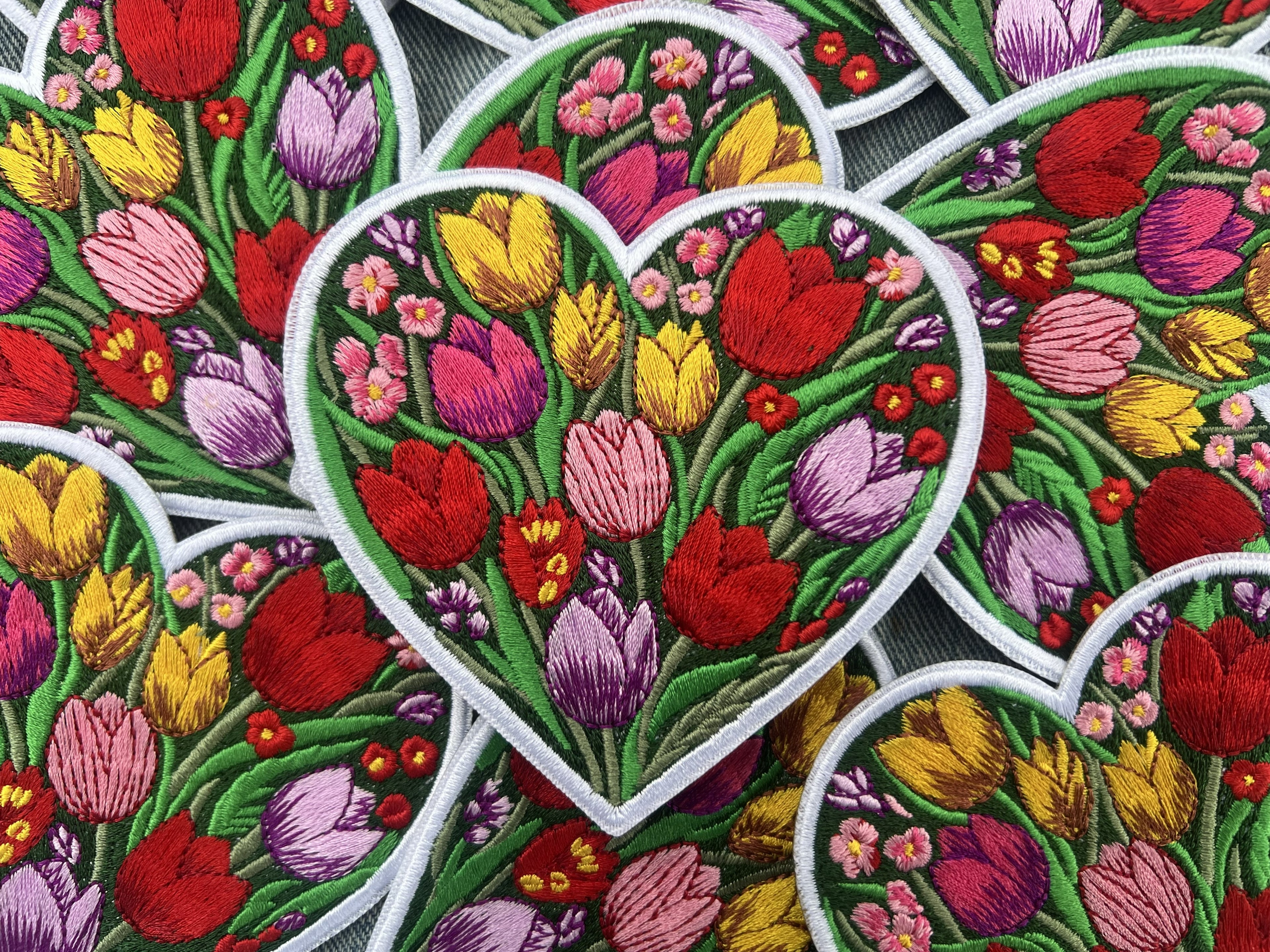 Cute Tulip Patch Large Iron On Botanical Patch Personalized Floral Applique Gifts for Her Sew On Wildflower Patch Embroidered Heart Patch