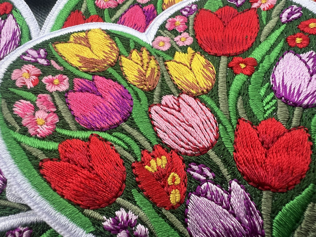 Cute Tulip Patch Large Iron On Botanical Patch Personalized Floral Applique Gifts for Her Sew On Wildflower Patch Embroidered Heart Patch