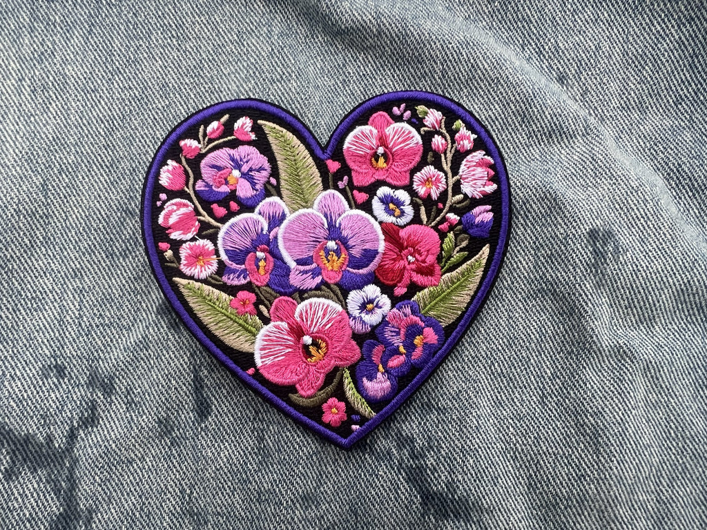 Embroidered Orchid Applique Large Iron On Flower Patch Personalized Custom Heart Sew On Patch Down Jacket Repair Patches Cute Orchid Patch