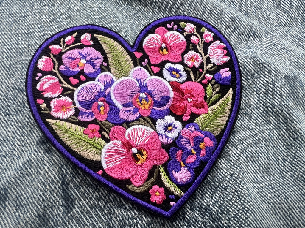 Embroidered Orchid Applique Large Iron On Flower Patch Personalized Custom Heart Sew On Patch Down Jacket Repair Patches Cute Orchid Patch